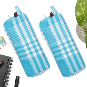 Cotton Cyan Checked Pencil Pouches - Pack of 2 pcs