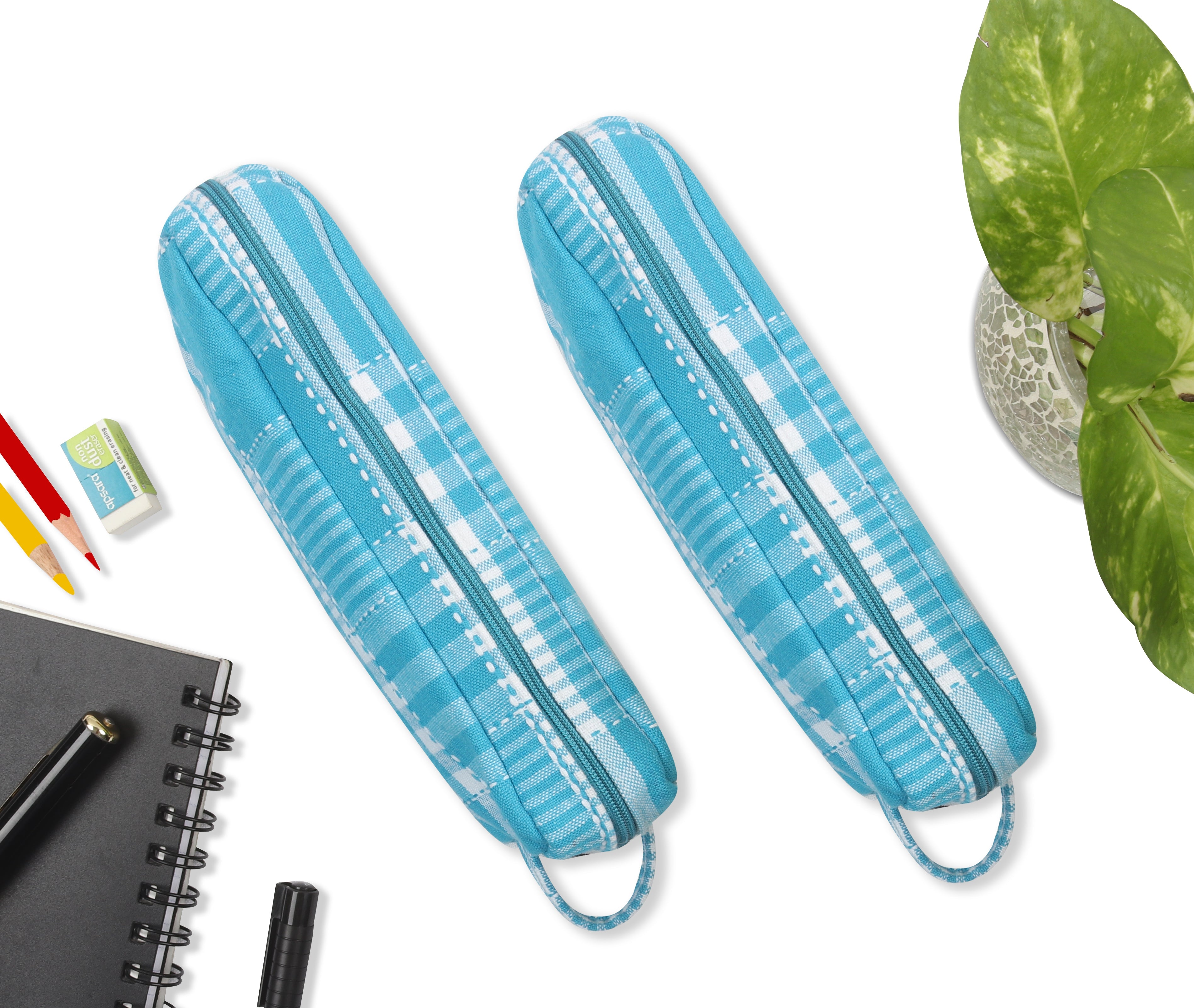Cotton Cyan Checked Pencil Pouches - Pack of 2 pcs