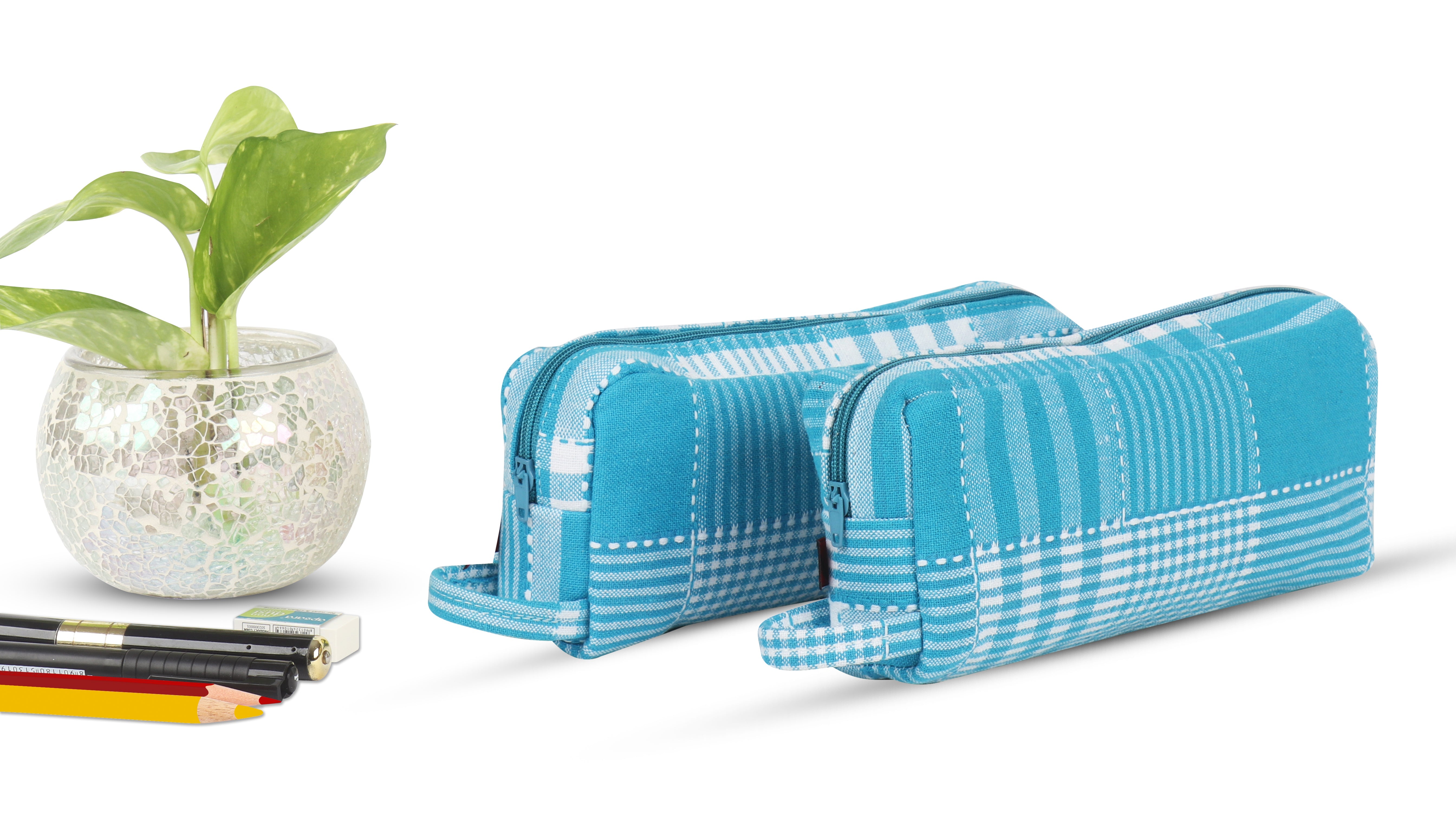 Cotton Cyan Checked Pencil Pouches - Pack of 2 pcs