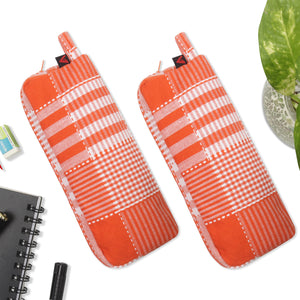 Cotton White Orange Pencil Pouches - Pack of 2 pcs