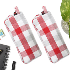 Cotton White & Red Checked Pencil Pouches - Pack of 2 pcs