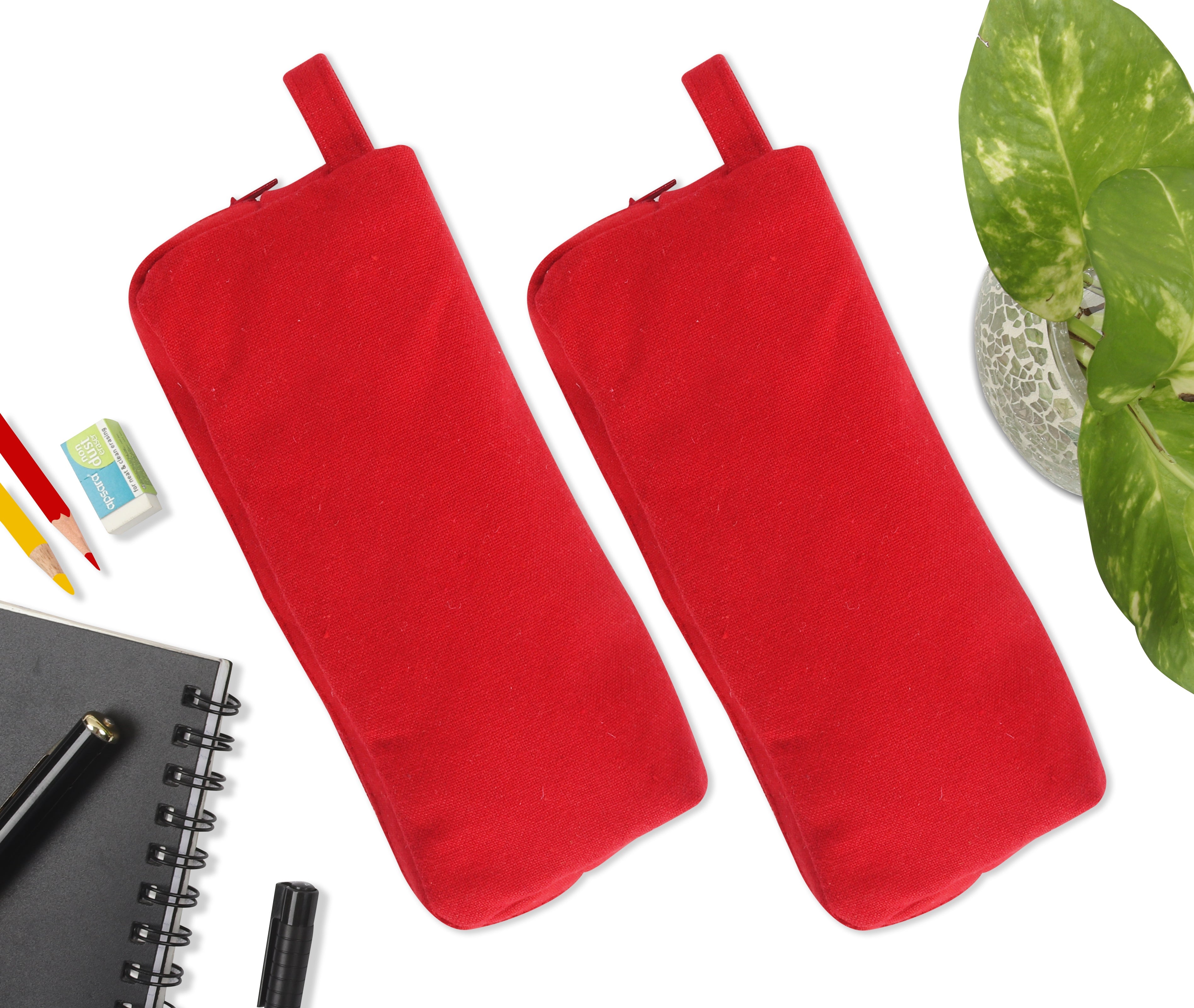 Cotton Solid Red Pencil Pouches - Pack of 2 pcs