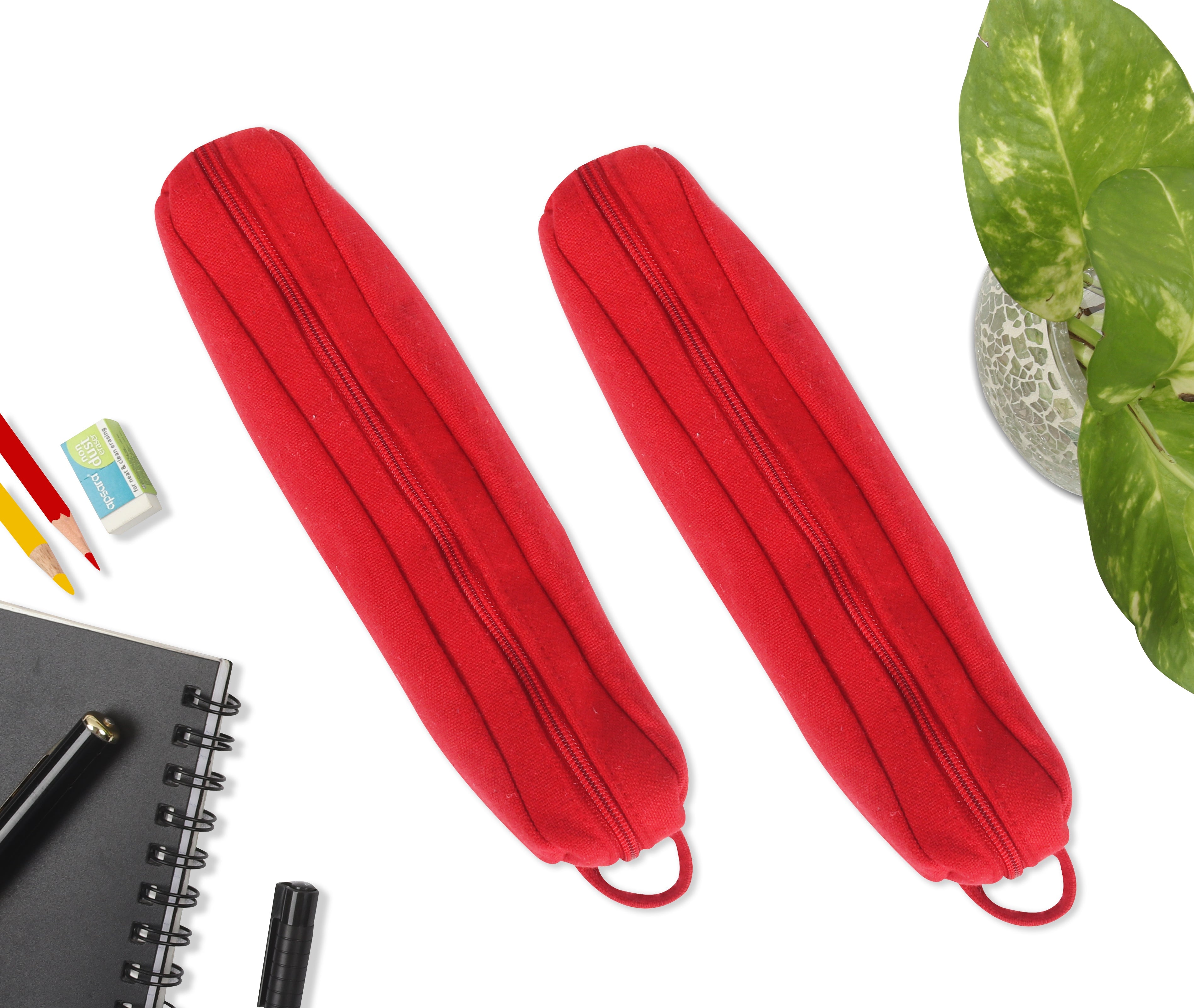 Cotton Solid Red Pencil Pouches - Pack of 2 pcs