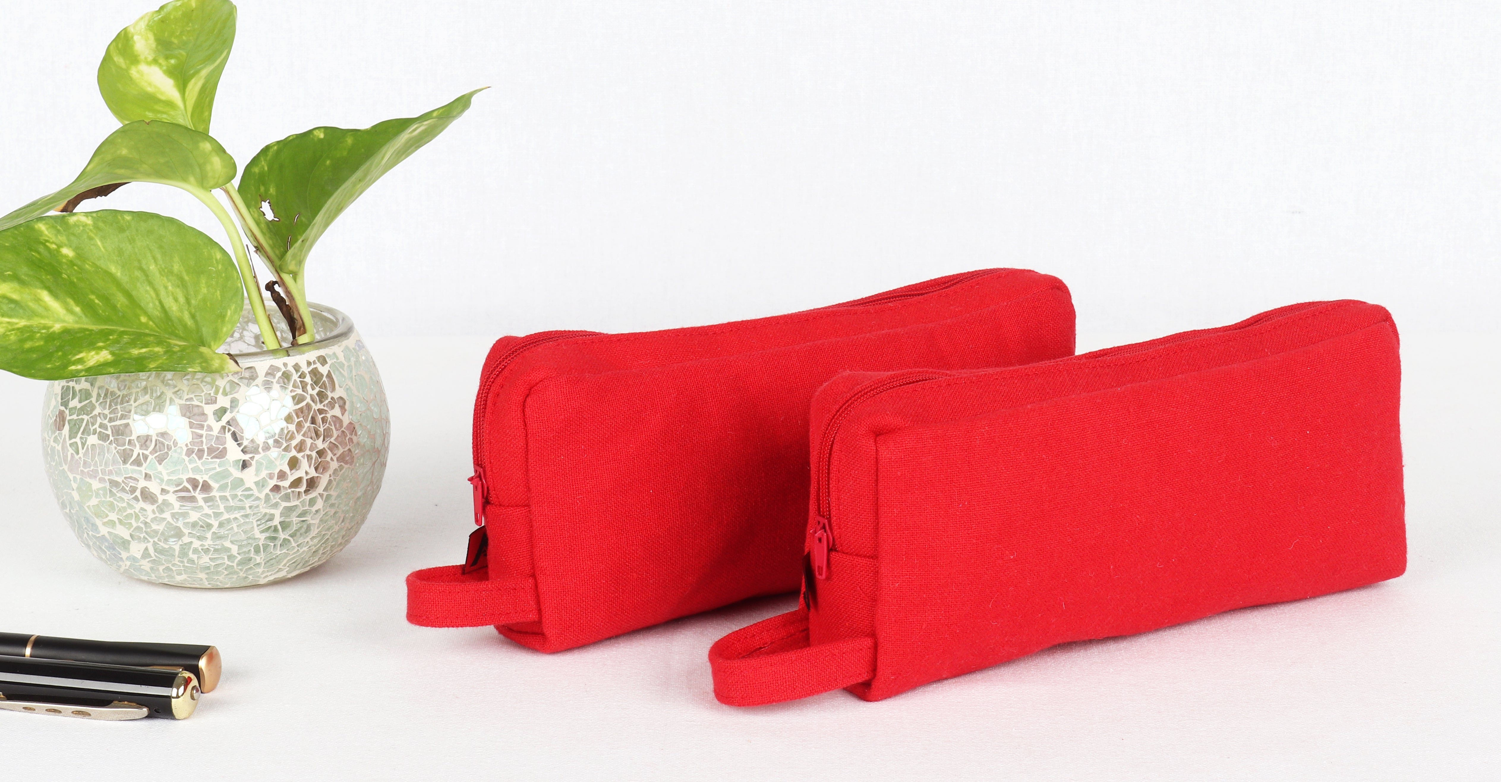 Cotton Solid Red Pencil Pouches - Pack of 2 pcs