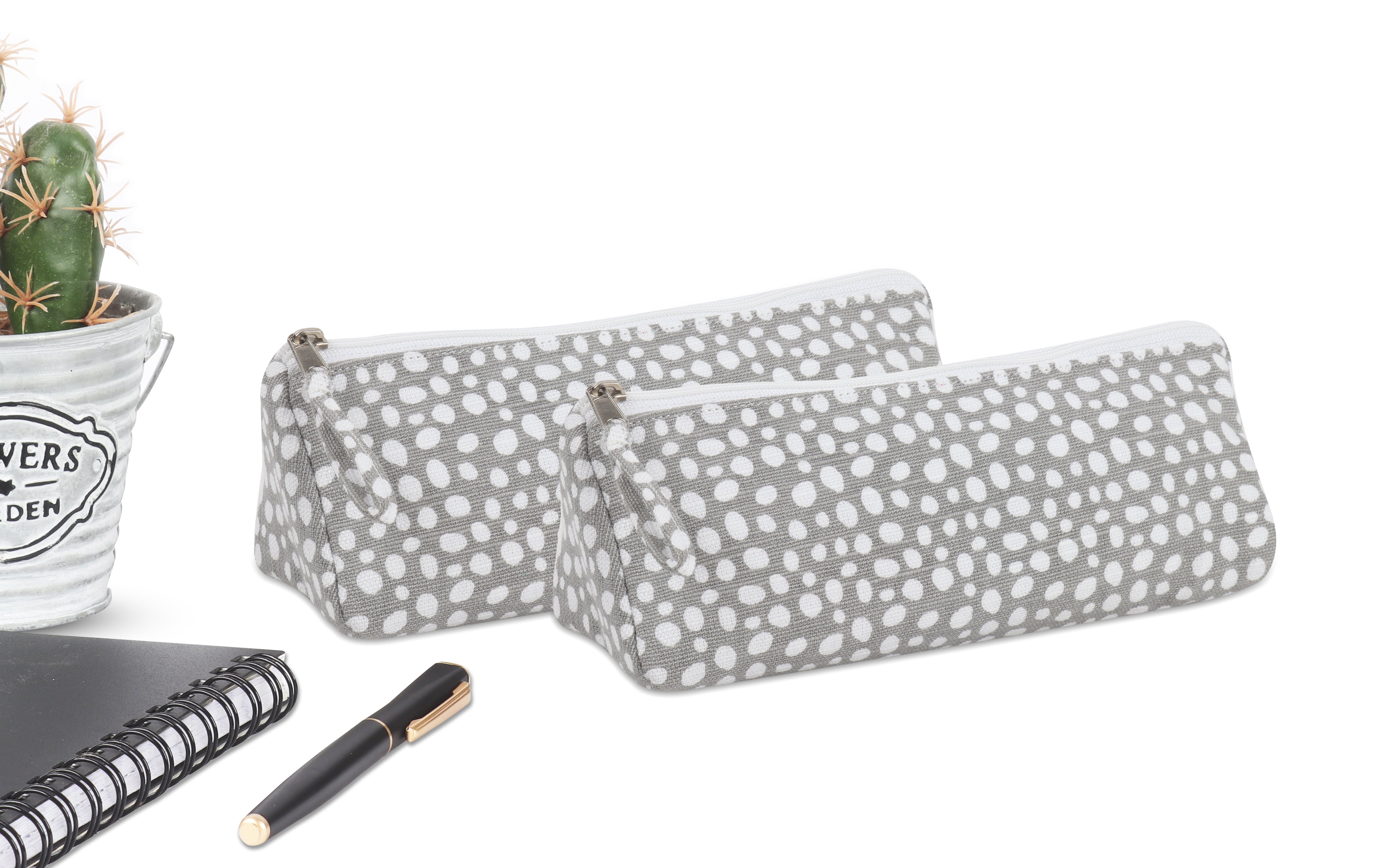 Cotton Ash Grey Dot Pencil Pouches - Pack of 2 pcs