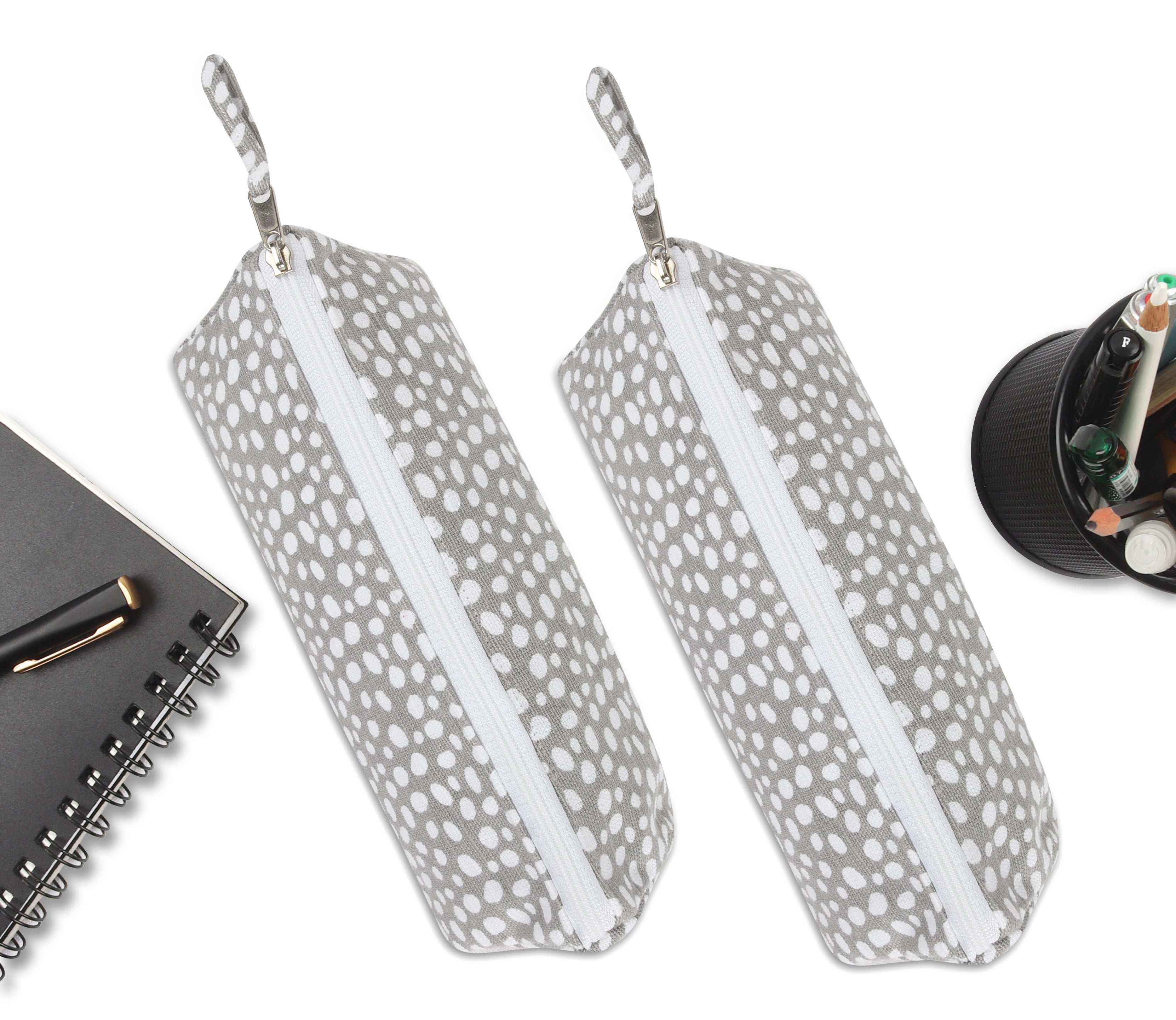 Cotton Ash Grey Dot Pencil Pouches - Pack of 2 pcs