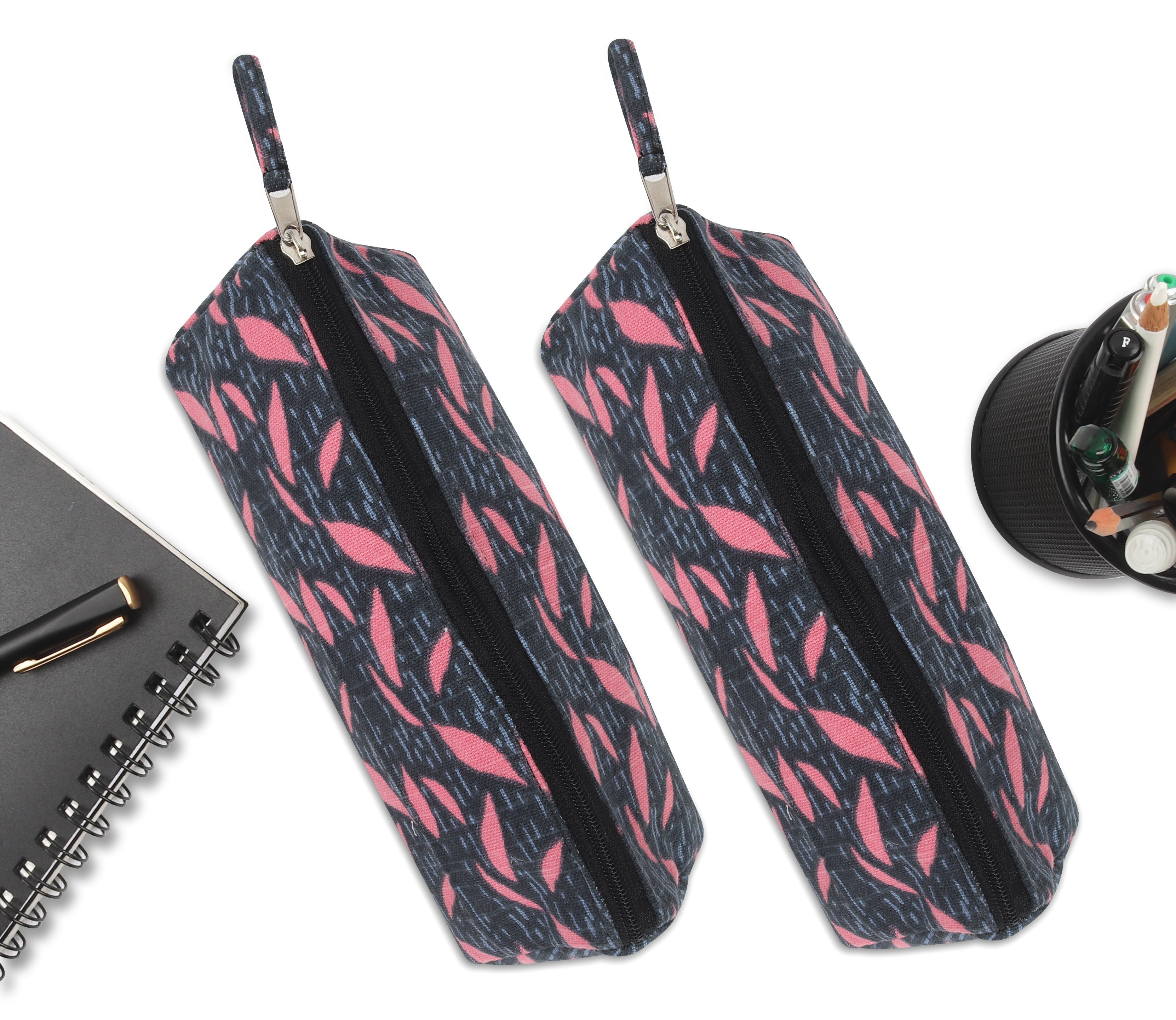 Cotton Blue Pink Leaf Pencil Pouches - Pack of 2 pcs