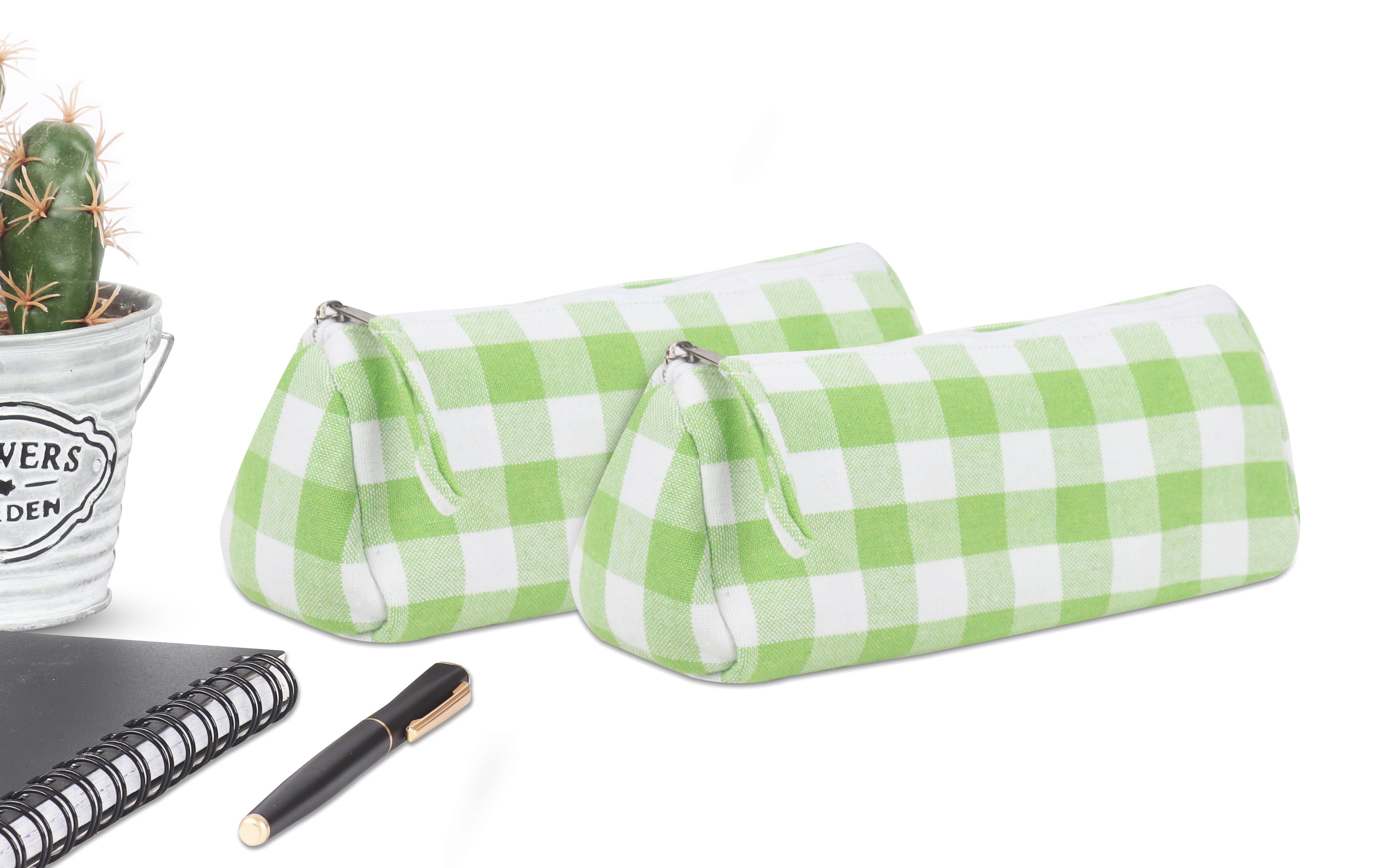 Cotton Green & White Checked Pencil Pouches - Pack of 2 pcs