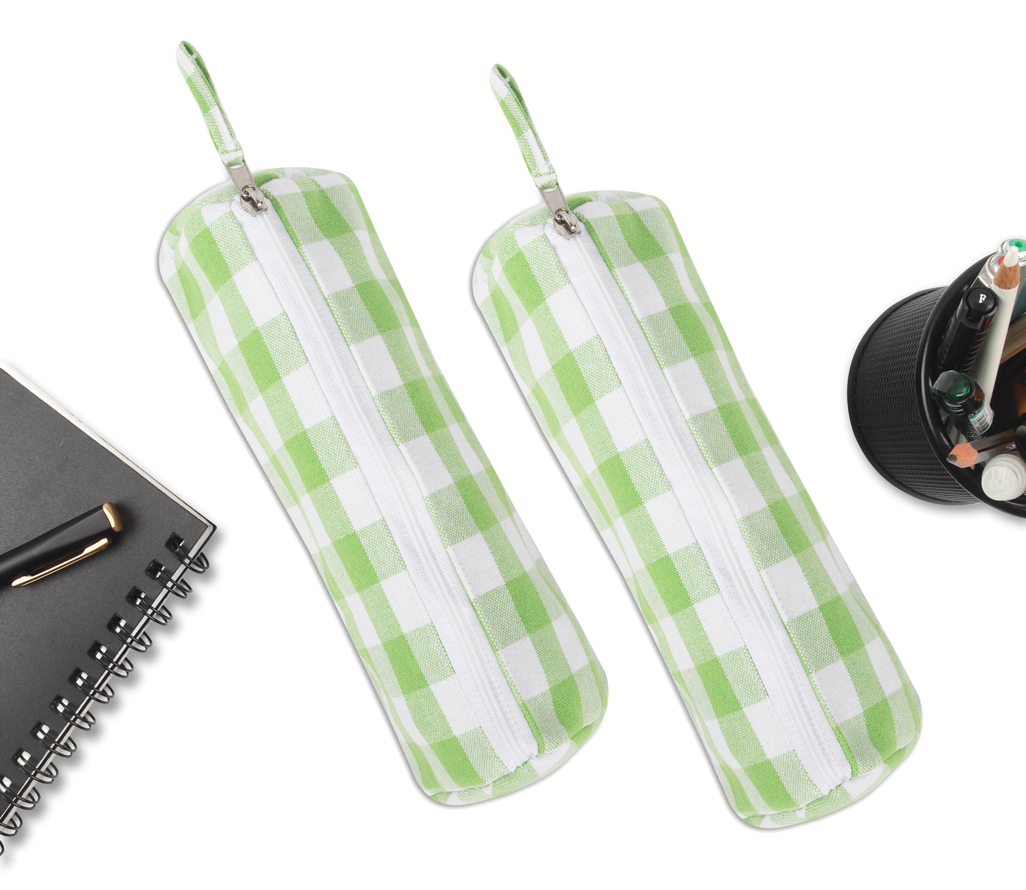 Cotton Green & White Checked Pencil Pouches - Pack of 2 pcs