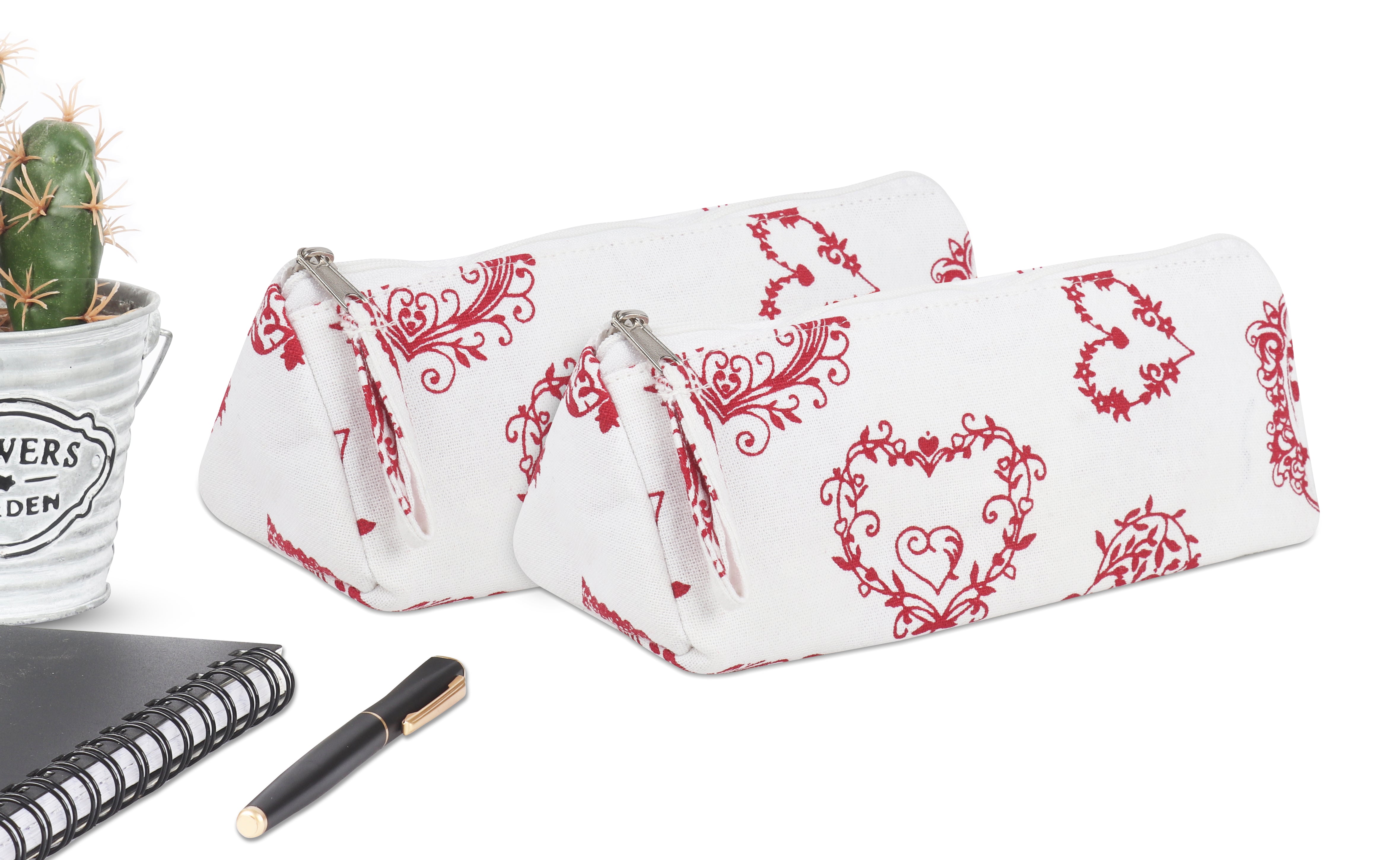 Cotton Red Heart Pencil Pouches - Pack of 2 pcs
