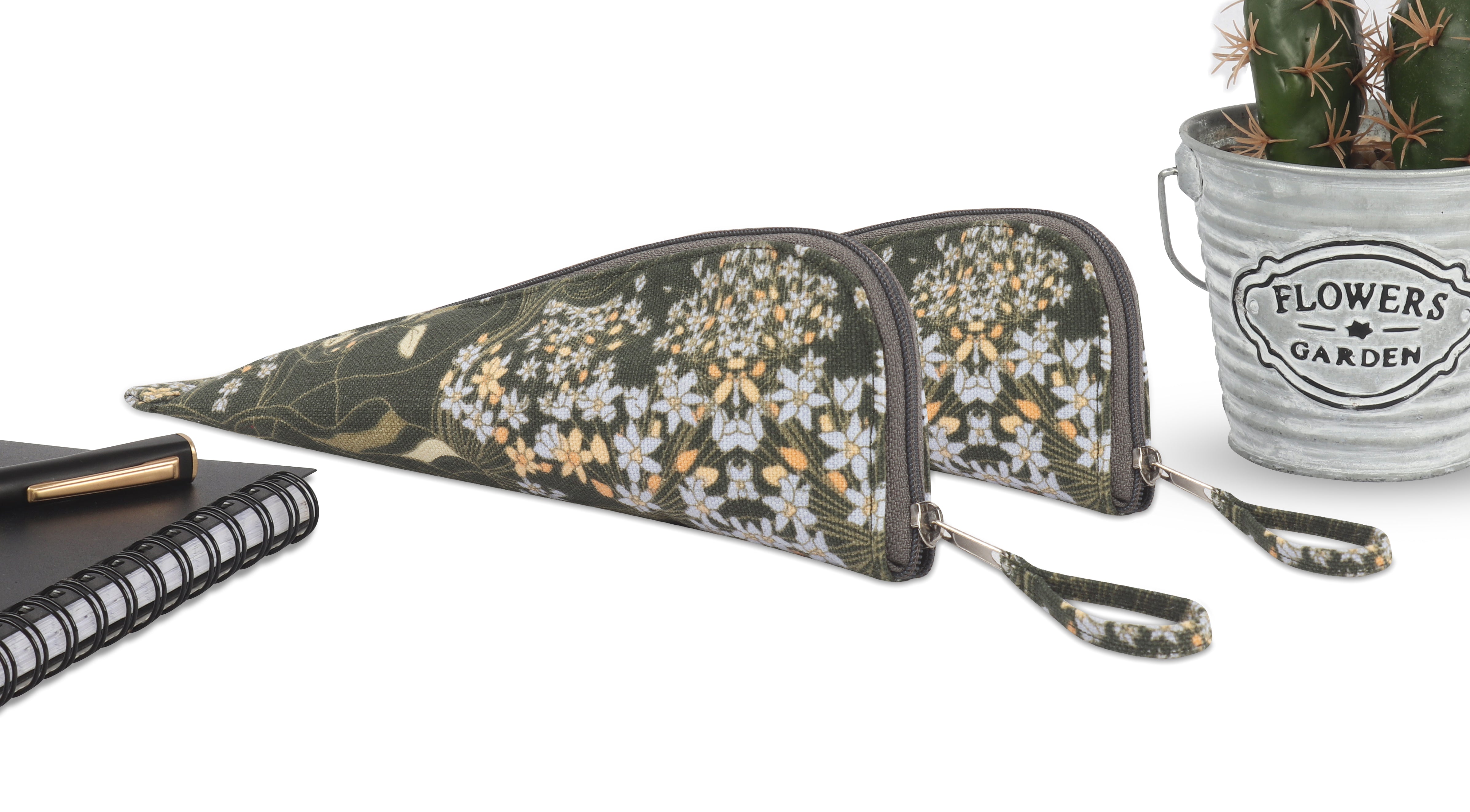 Cotton Brown Orange Floral Pencil Pouches - Pack of 2 pcs