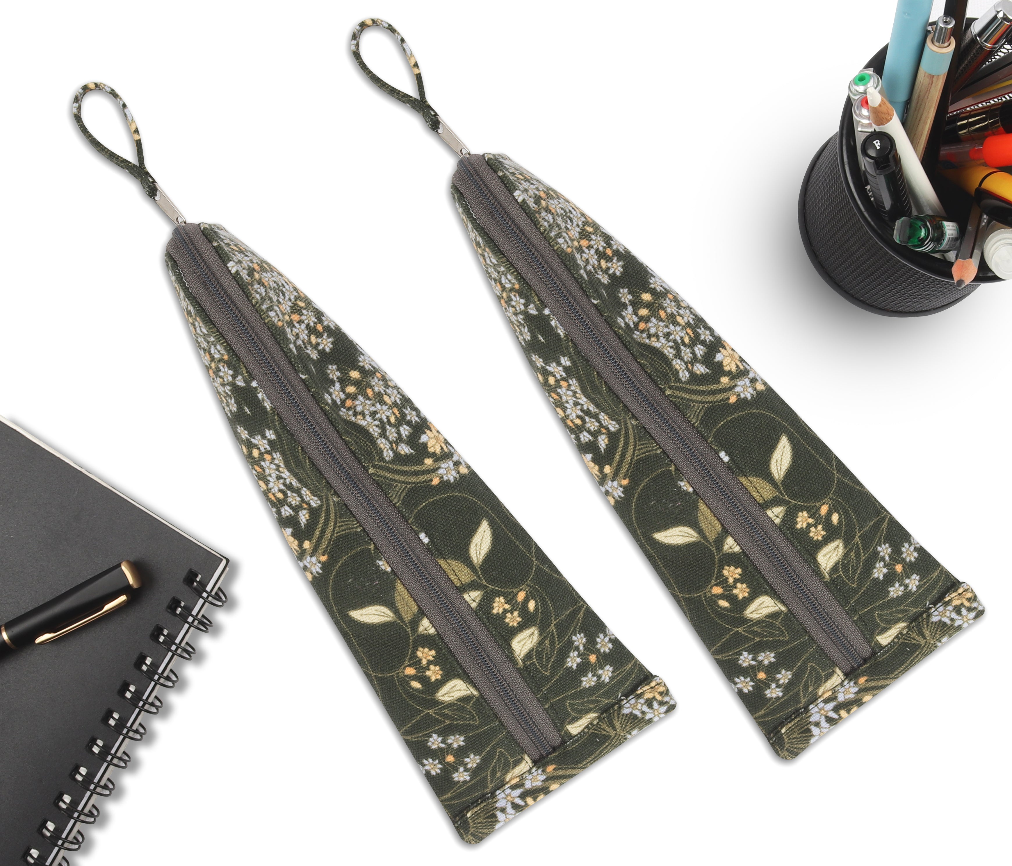 Cotton Brown Orange Floral Pencil Pouches - Pack of 2 pcs