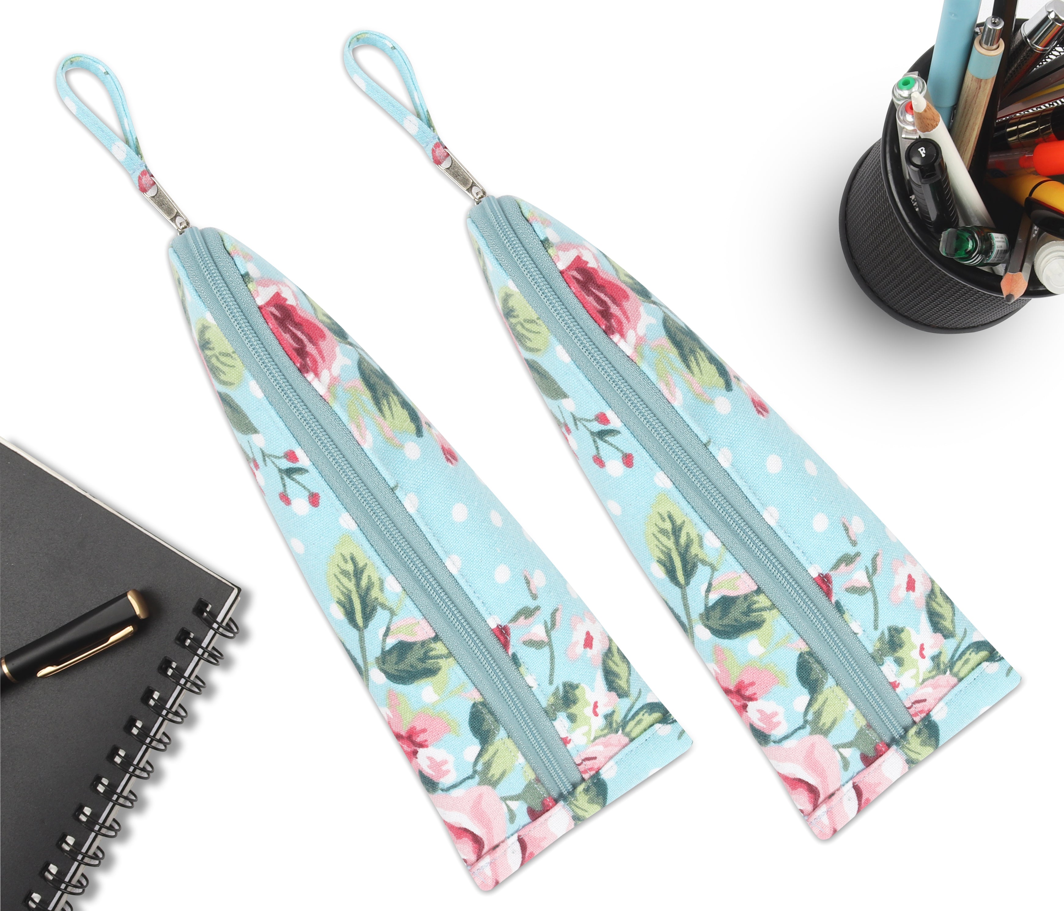 Cotton Green Leaf Floral Pencil Pouches - Pack of 2 pcs