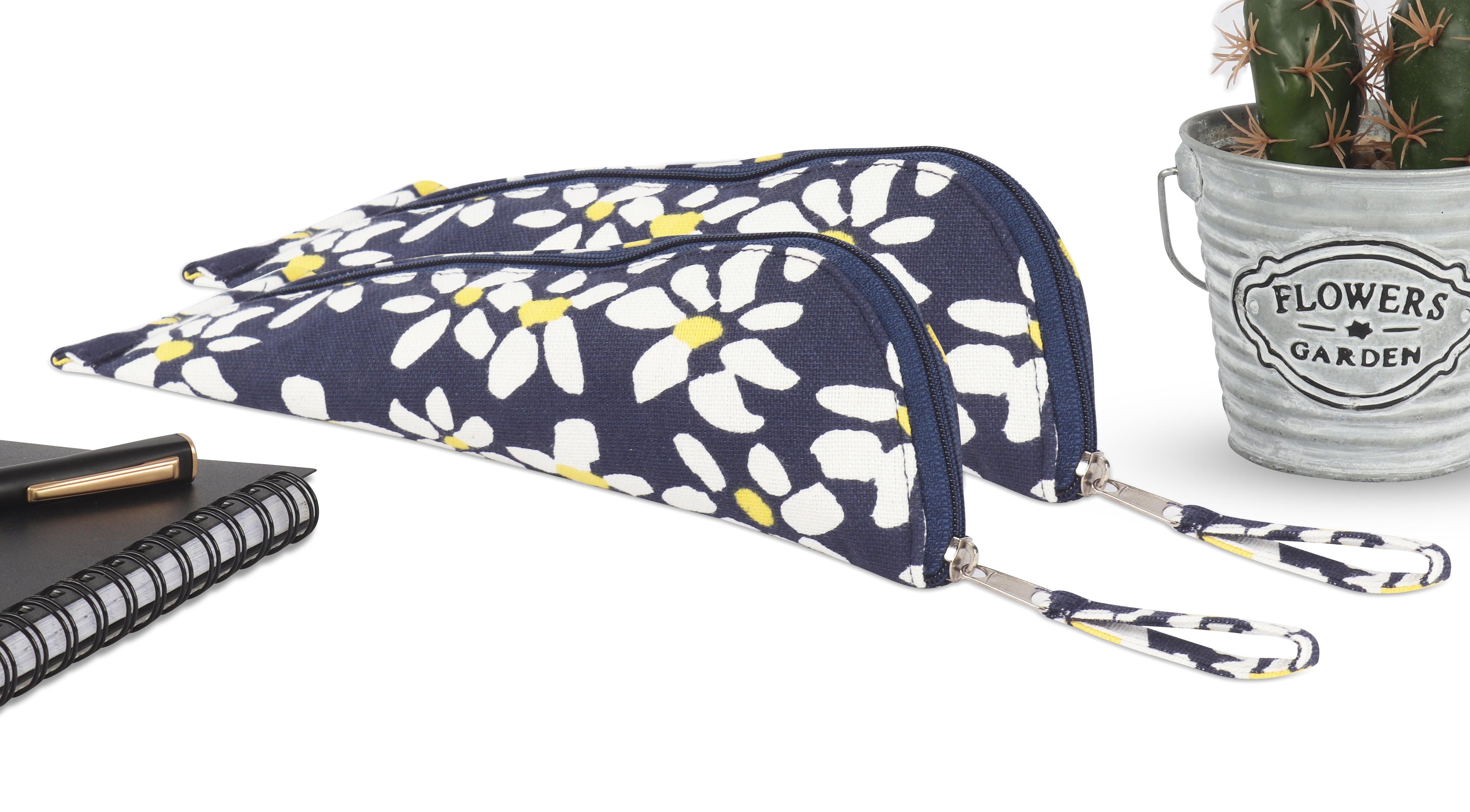 Cotton Blue & Yellow Floral Pencil Pouches - Pack of 2 pcs