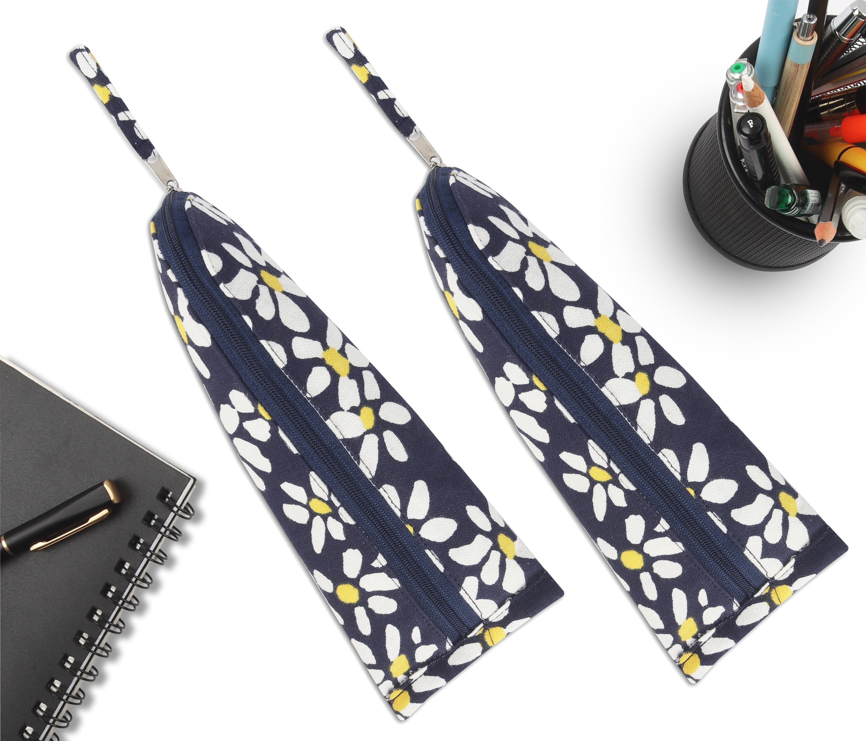Cotton Blue & Yellow Floral Pencil Pouches - Pack of 2 pcs