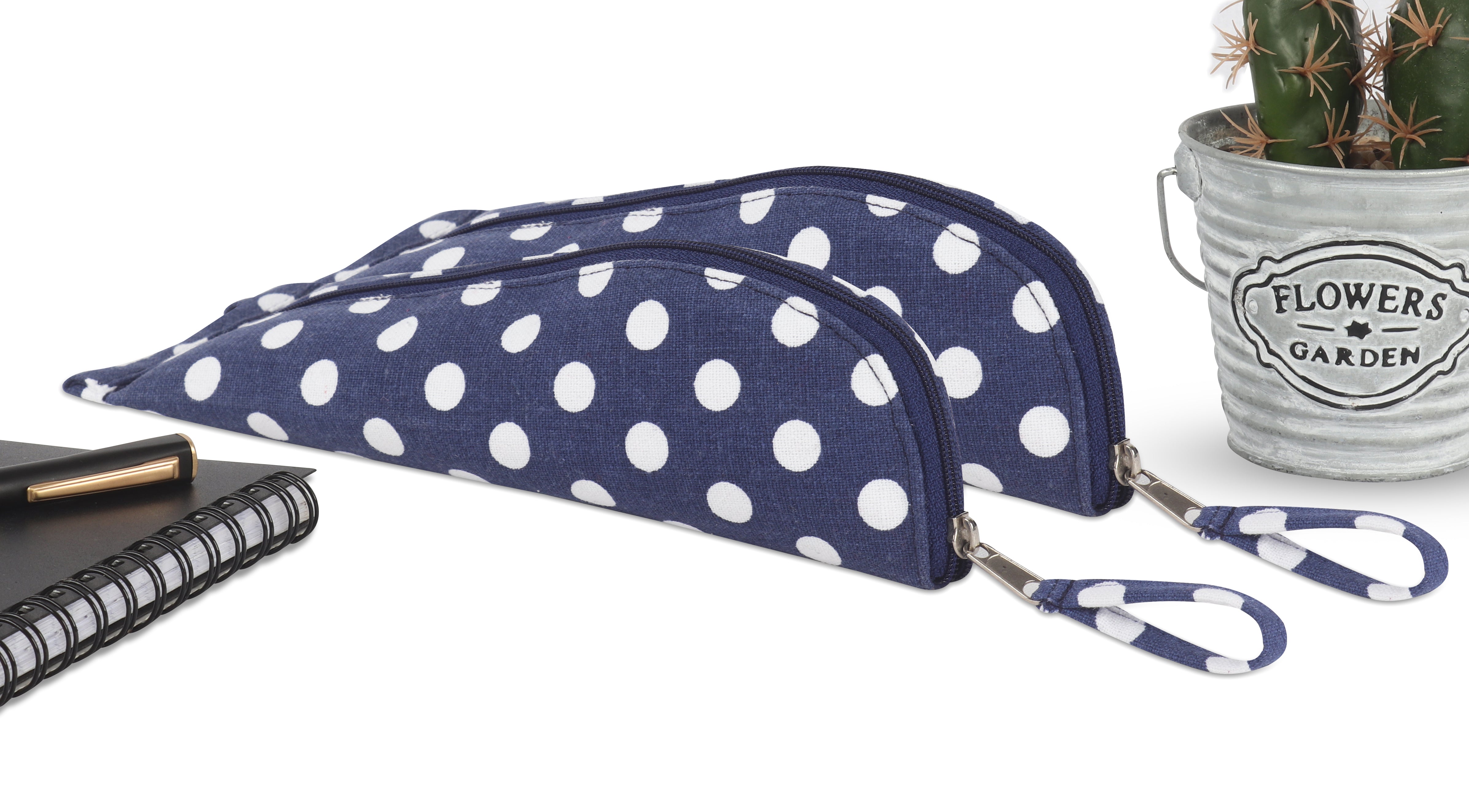 Cotton Dark Blue White Dot Pencil Pouches - Pack of 2 pcs