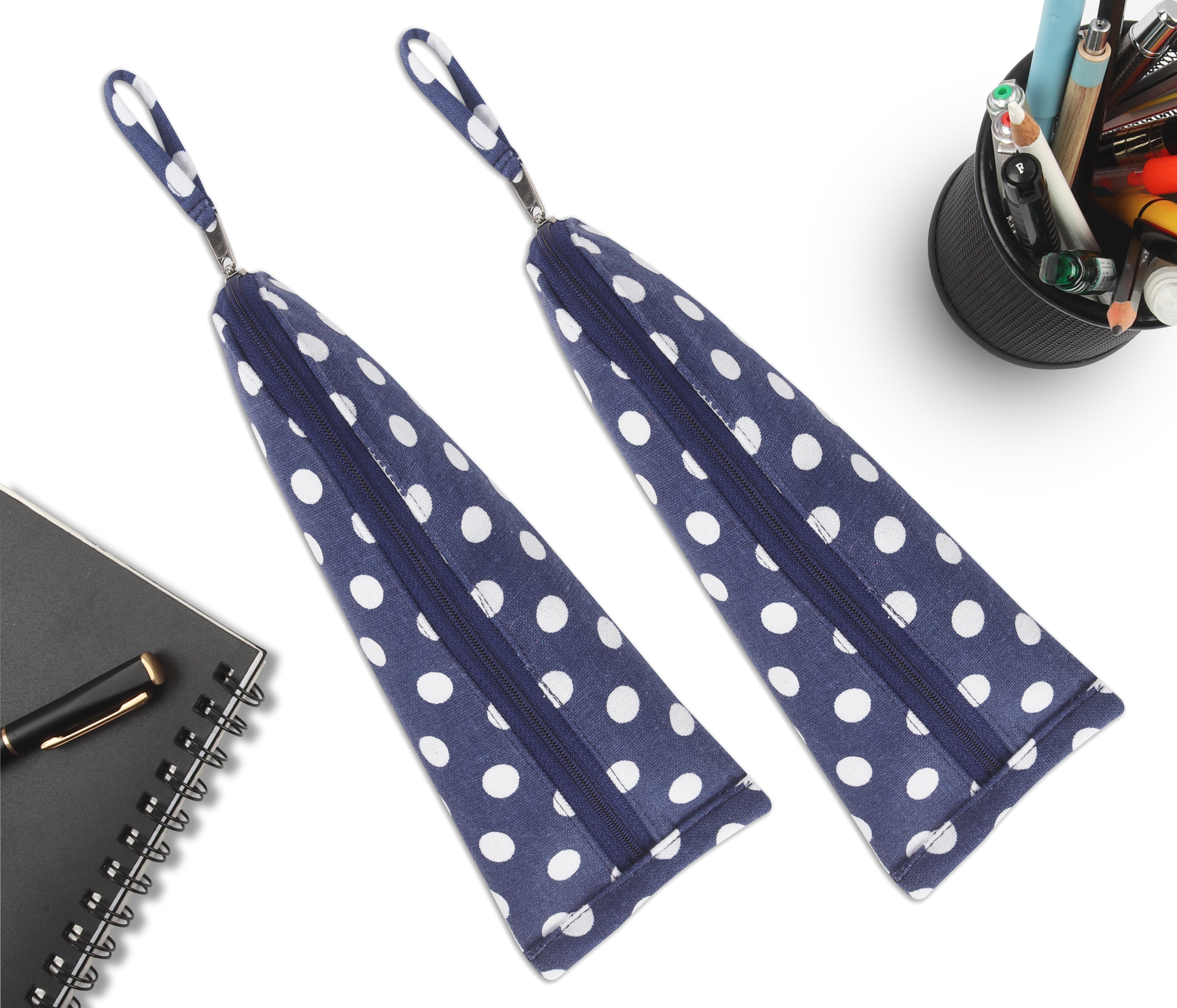 Cotton Dark Blue White Dot Pencil Pouches - Pack of 2 pcs