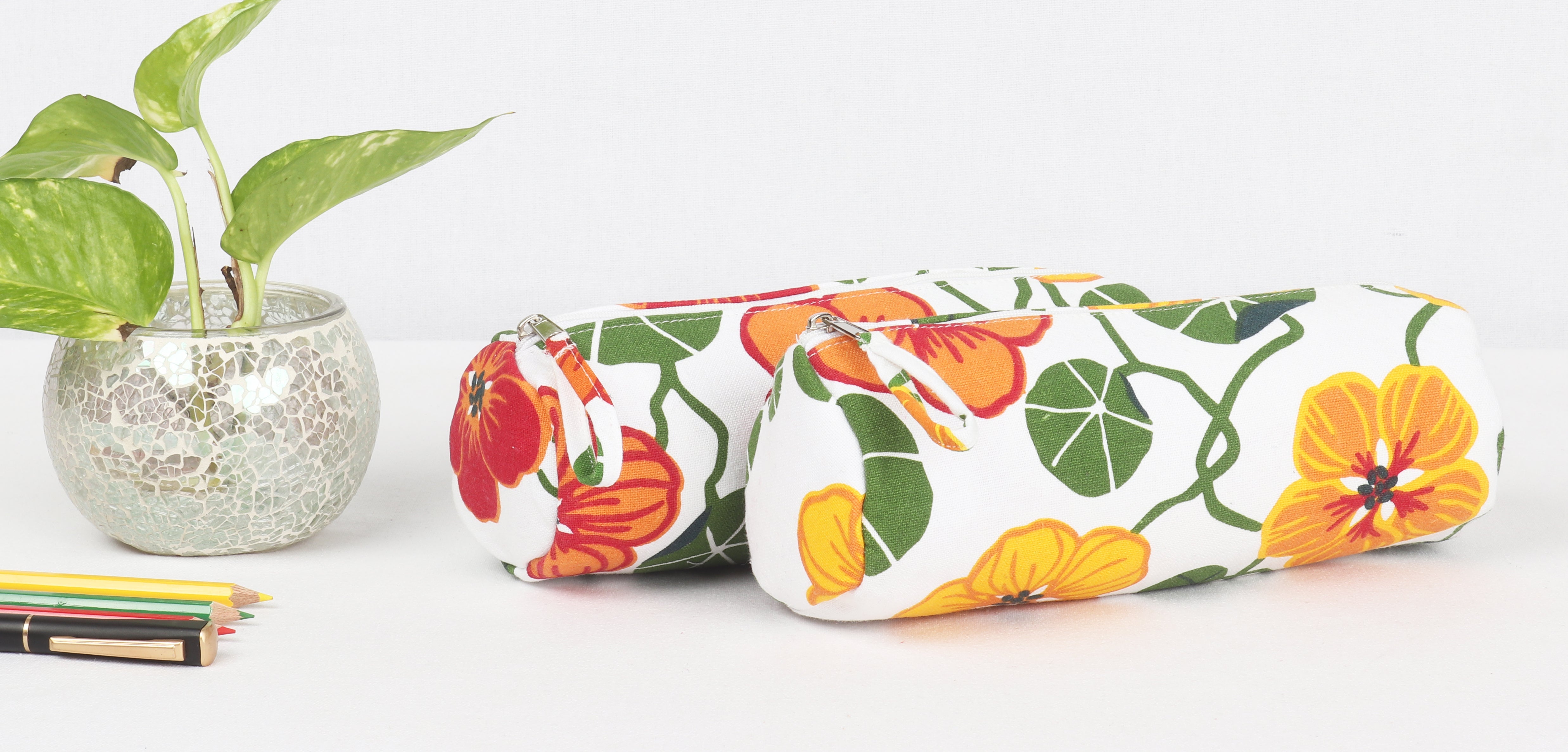 Cotton Red Green Floral Pencil Pouches - Pack of 2 pcs