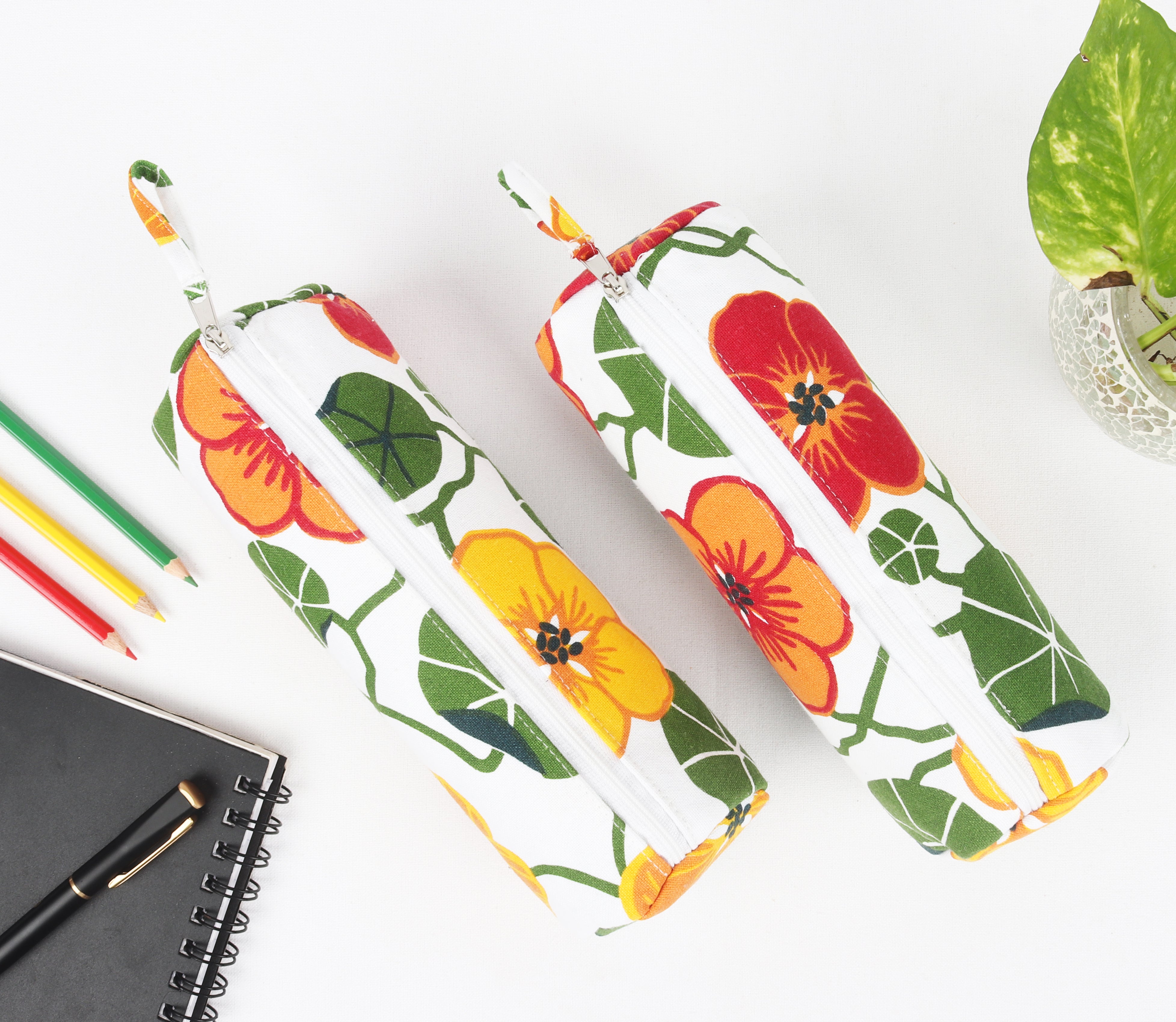Cotton Red Green Floral Pencil Pouches - Pack of 2 pcs