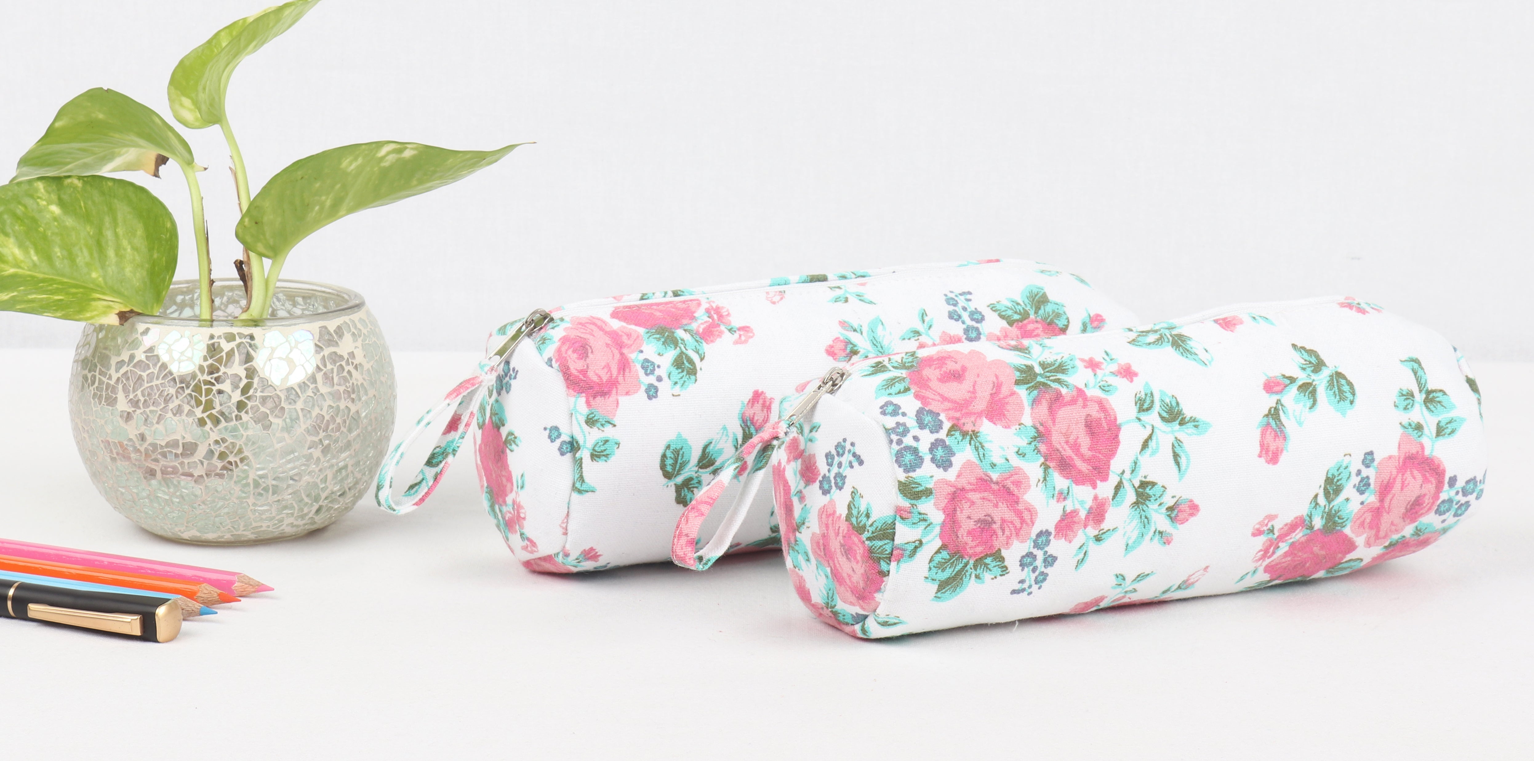 Cotton Rose Floral Pencil Pouches - Pack of 2 pcs