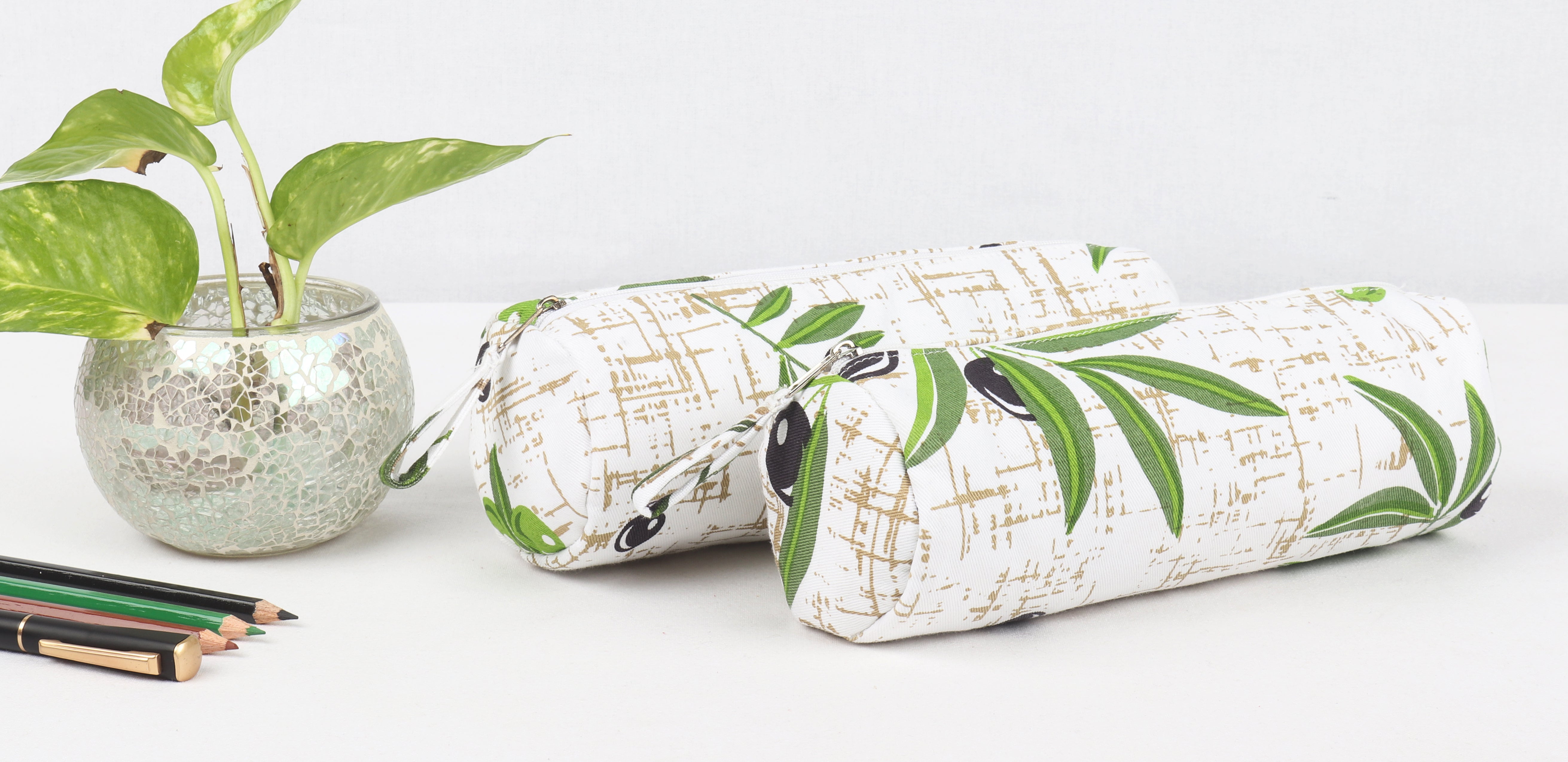 Cotton Green Leaf Pencil Pouches - Pack of 2 pcs