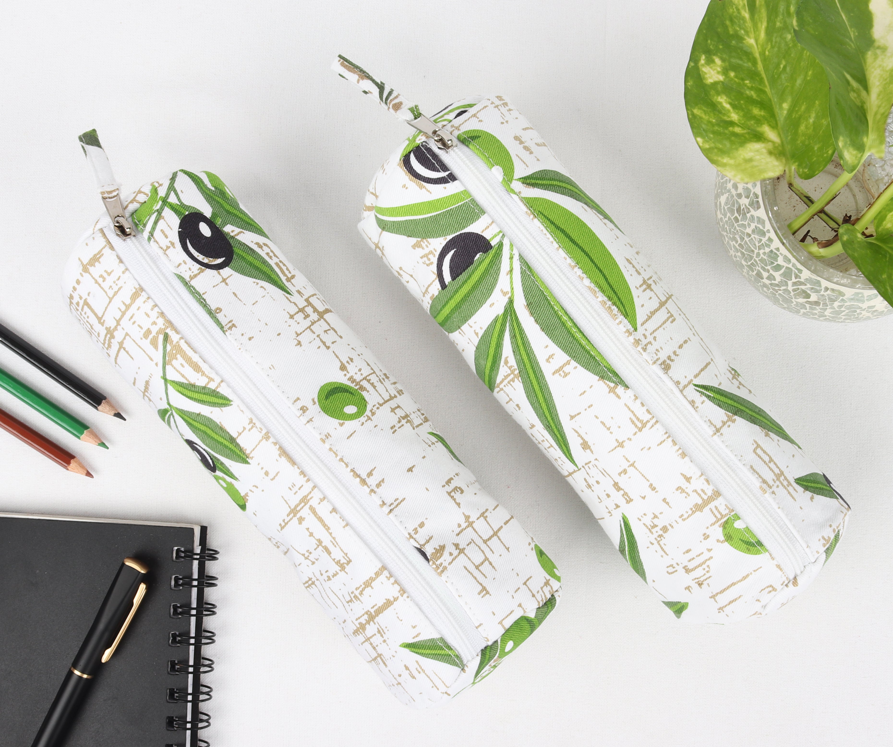 Cotton Green Leaf Pencil Pouches - Pack of 2 pcs
