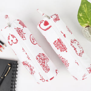 Cotton White Red Heart Pencil Pouches - Pack of 2 pcs