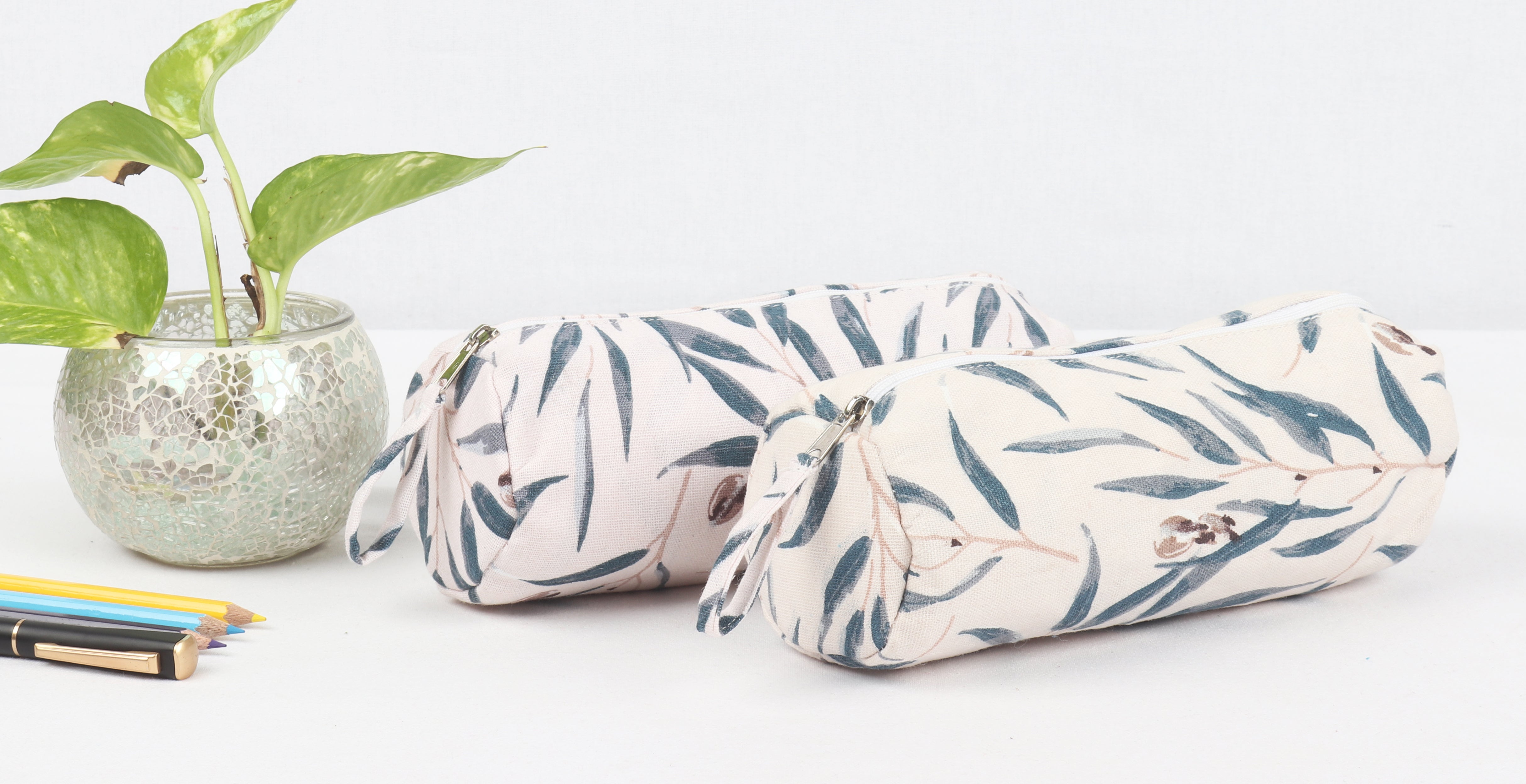 Cotton Sandal Blue Floral Pencil Pouches - Pack of 2 pcs