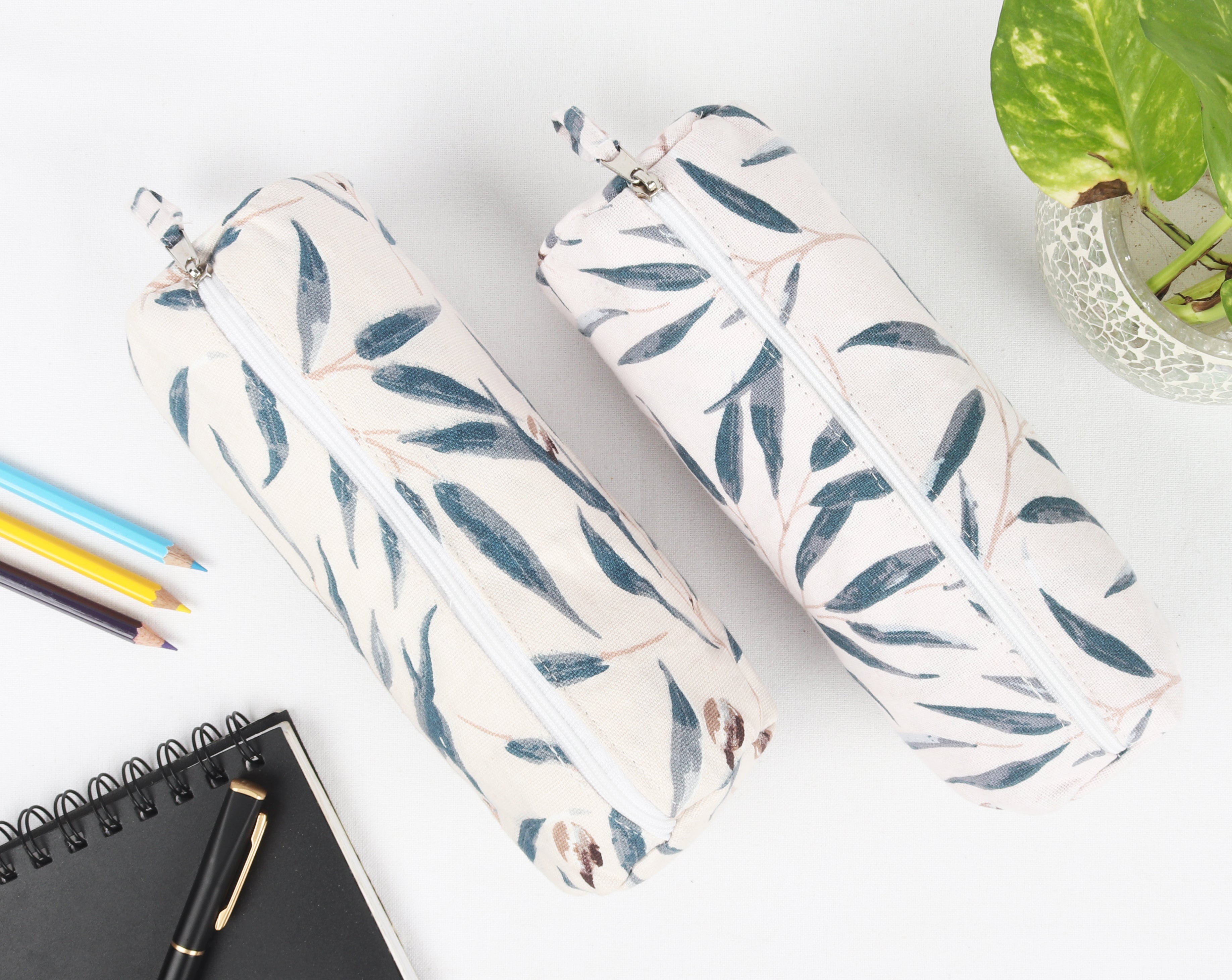 Cotton Sandal Blue Floral Pencil Pouches - Pack of 2 pcs