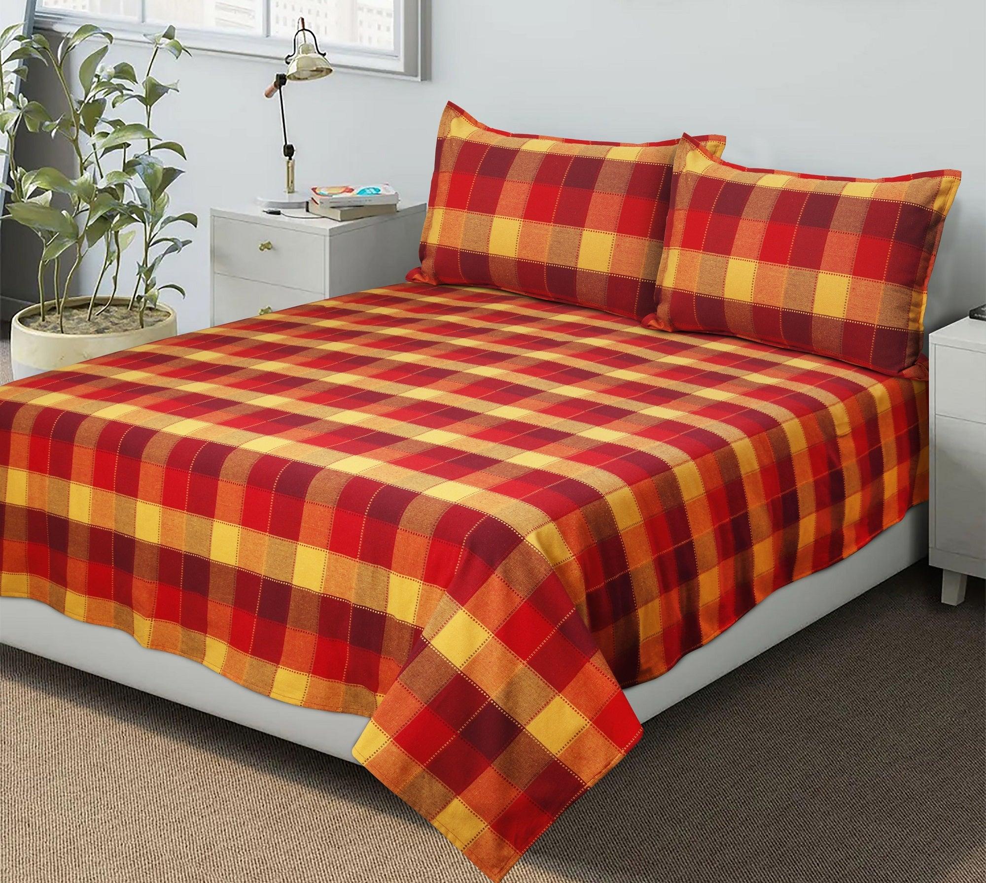 Cotton Checkered Bedsheet with Pillow Covers (Red, Yellow)