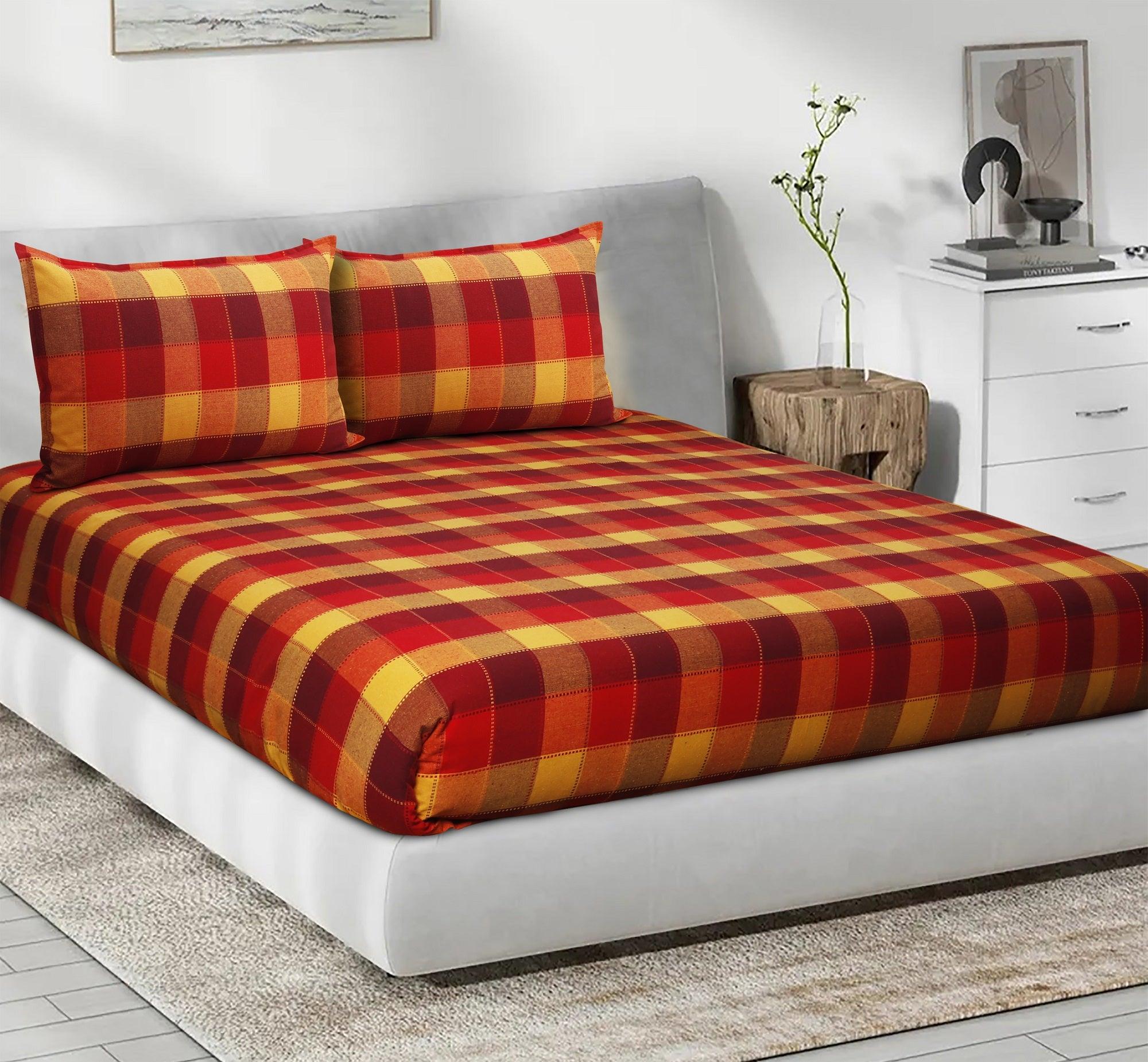 Cotton Checkered Bedsheet with Pillow Covers (Red, Yellow)