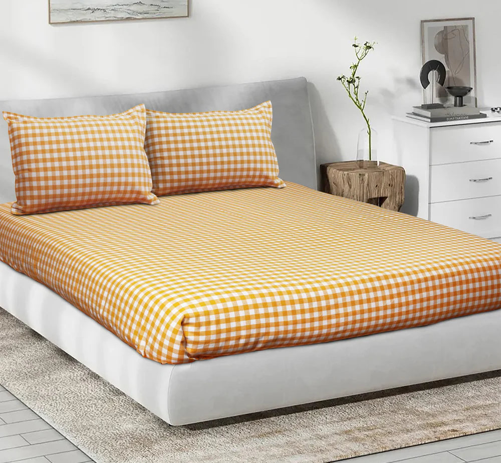 Cotton Checkered Bedsheet with Pillow Covers (Yellow)
