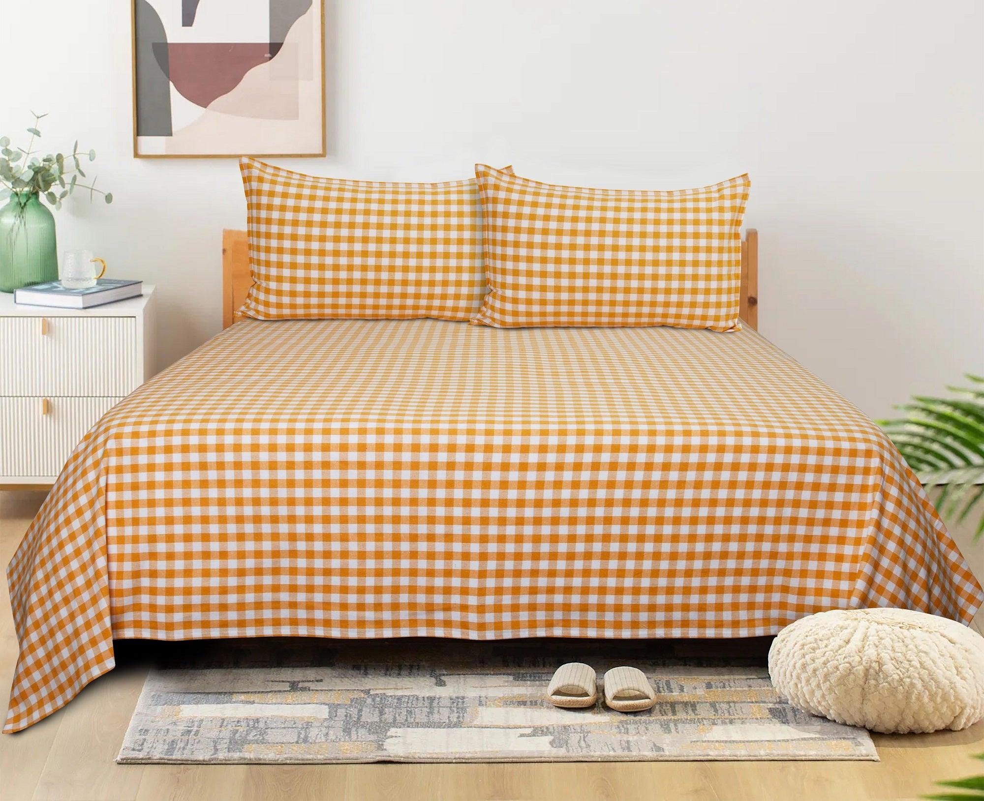 Cotton Checkered Bedsheet with Pillow Covers (Yellow)