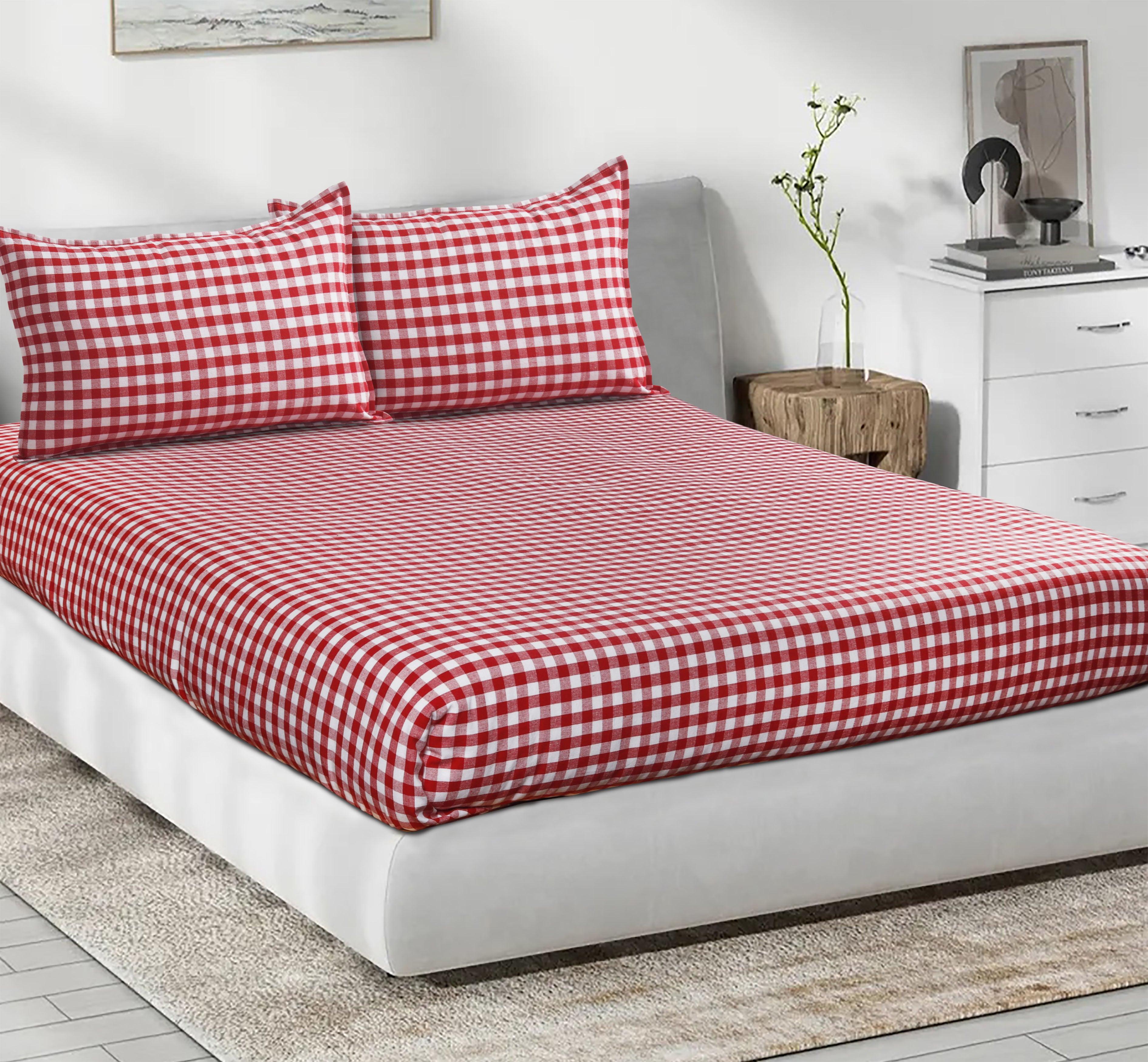 Cotton Checkered Bedsheet with Pillow Covers (Red)