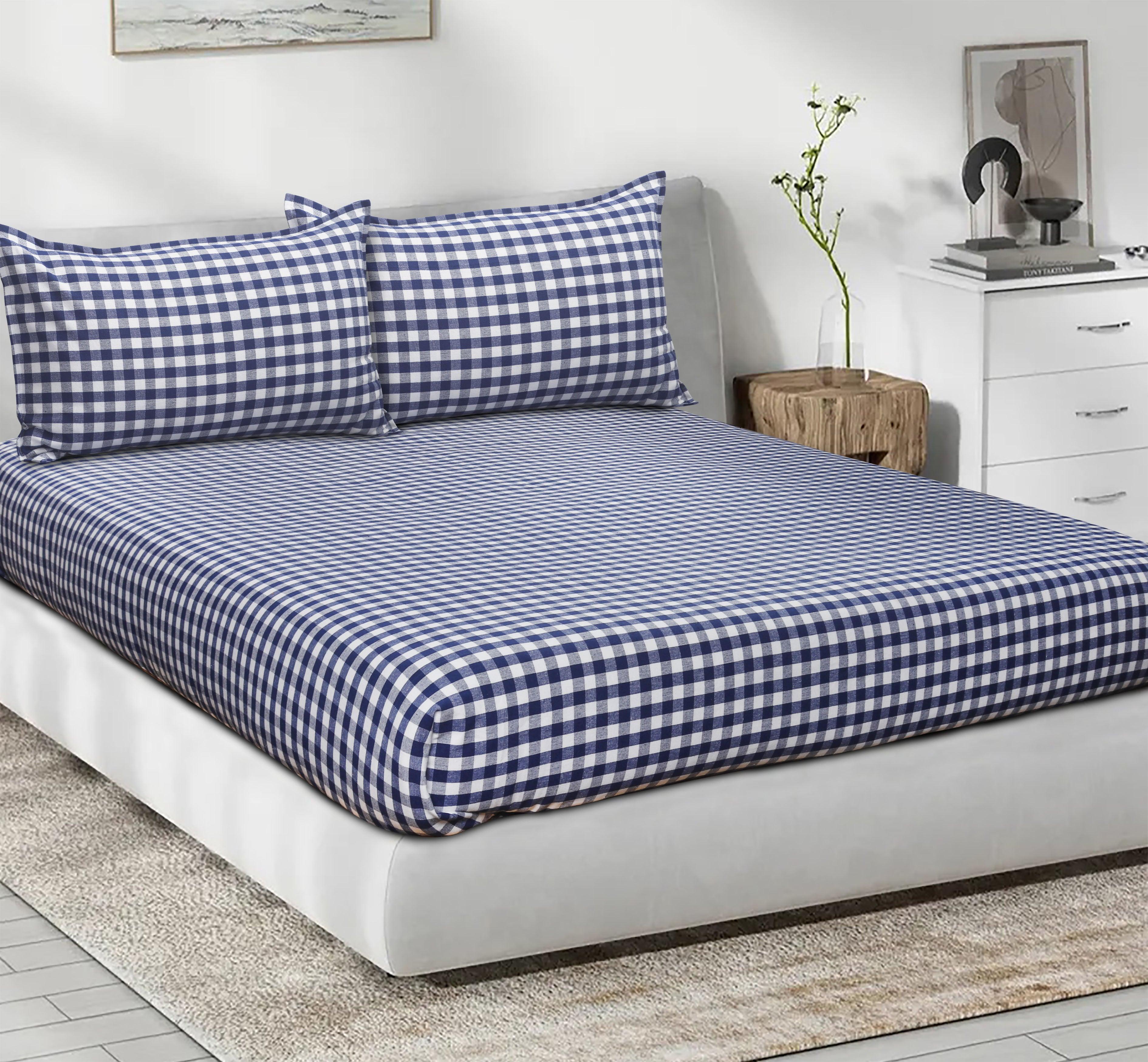 Cotton Checkered Bedsheet with Pillow Covers (Blue)