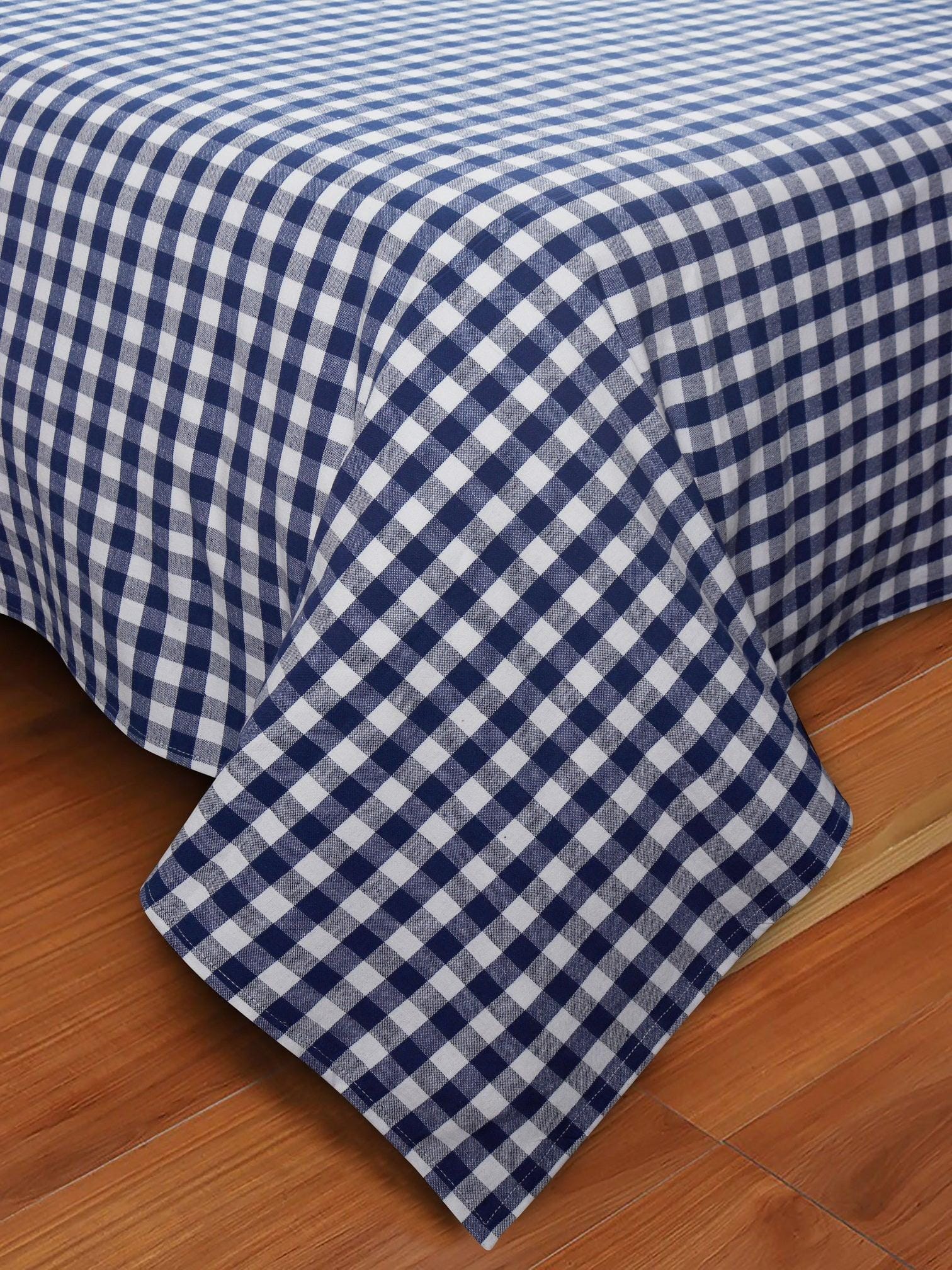 Cotton Checkered Bedsheet with Pillow Covers (Blue)