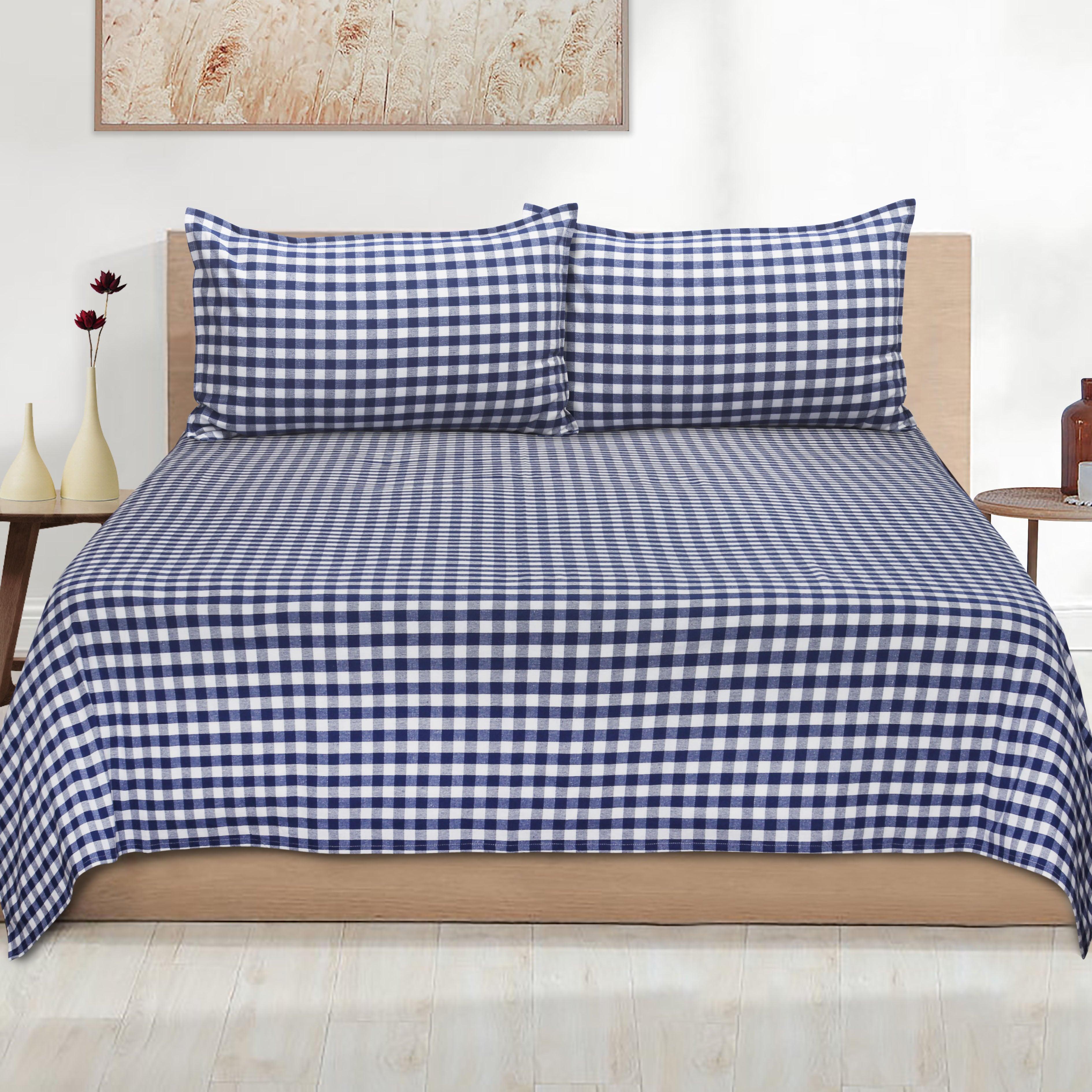 Cotton Checkered Bedsheet with Pillow Covers (Blue)
