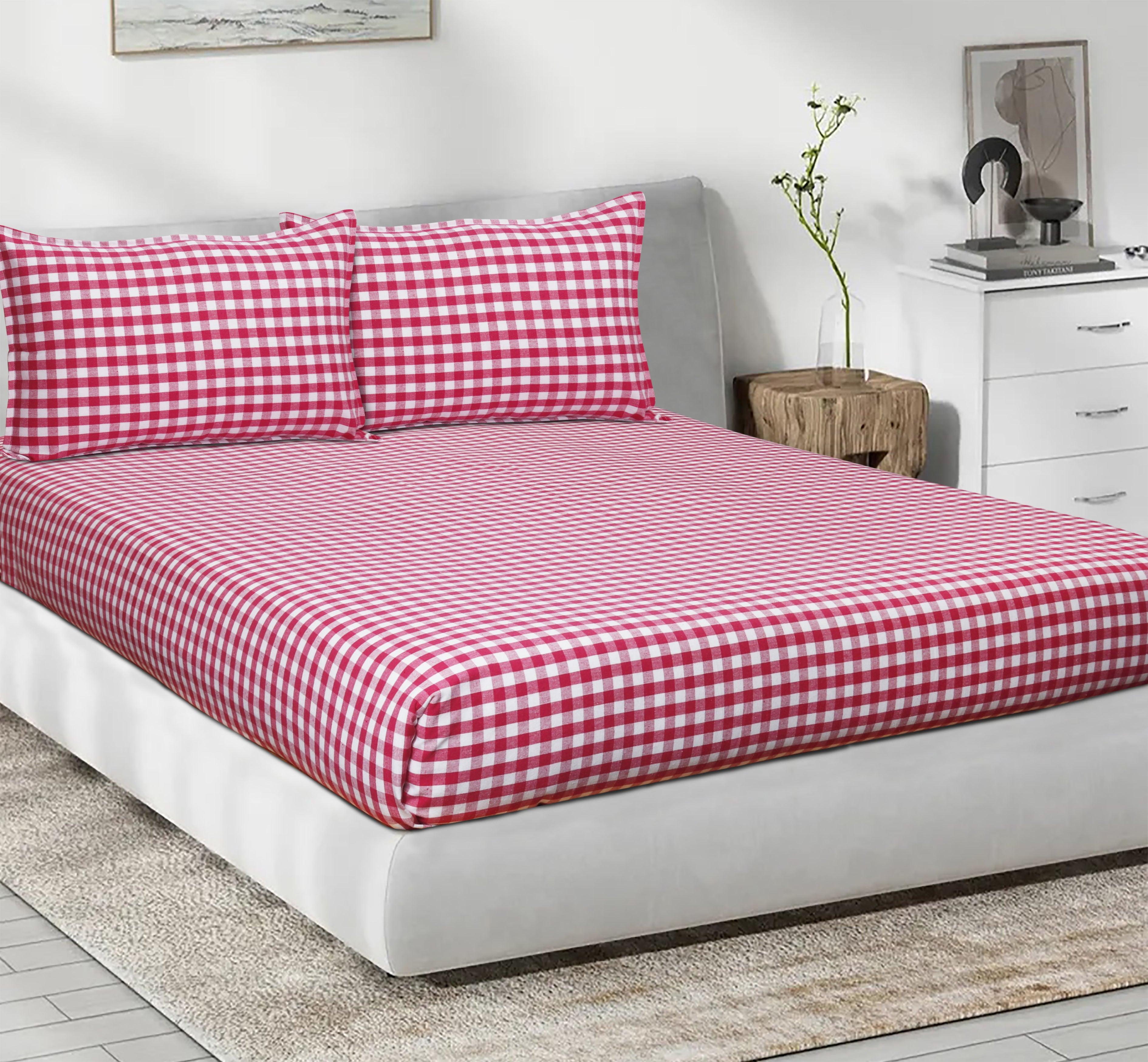 Cotton Checkered Bedsheet with Pillow Covers (Pink)