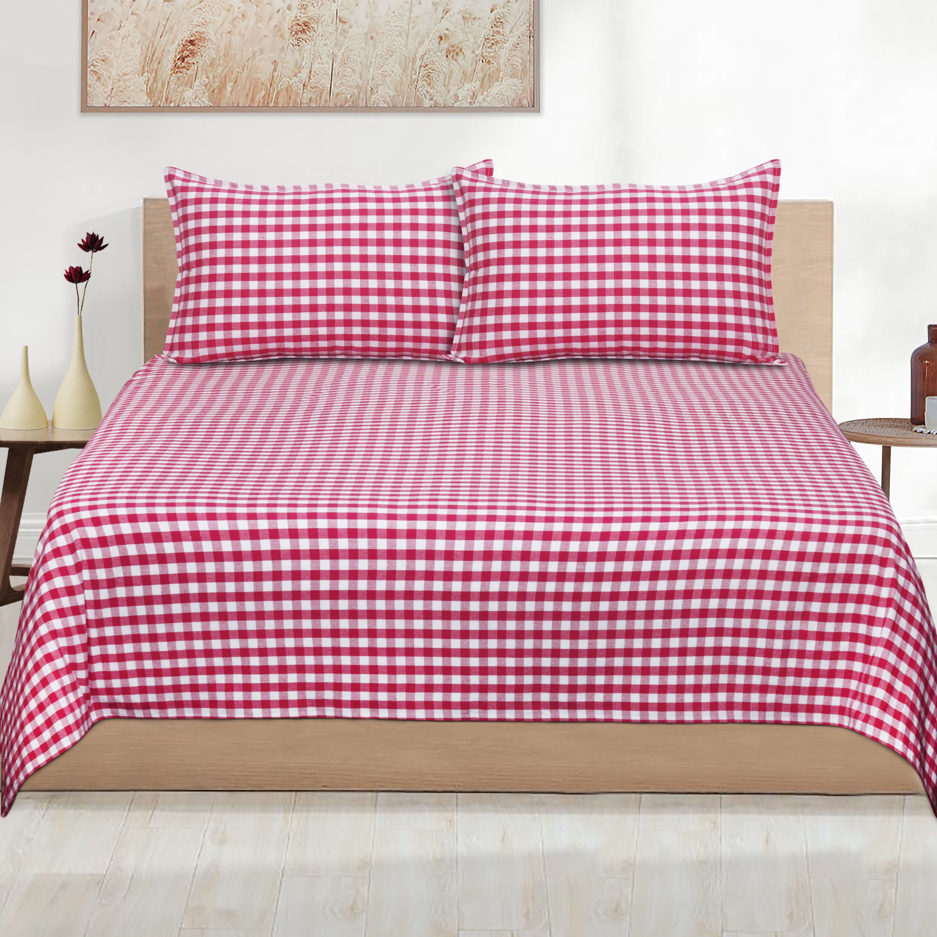 Cotton Checkered Bedsheet with Pillow Covers (Pink)