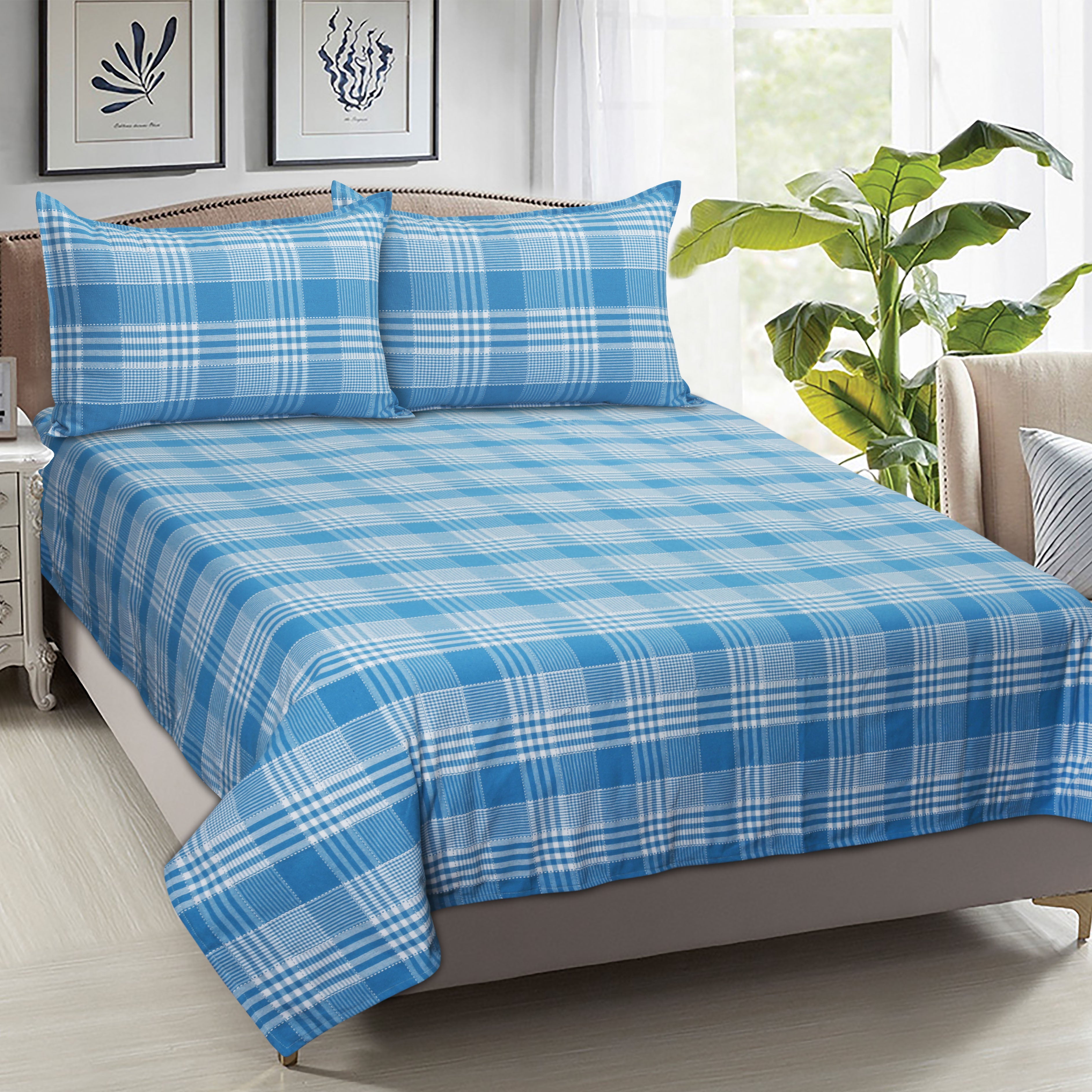 Cotton Double Track Dobby Checkered Bedsheet with 2 Pillow Covers (Pack of 3, Green)