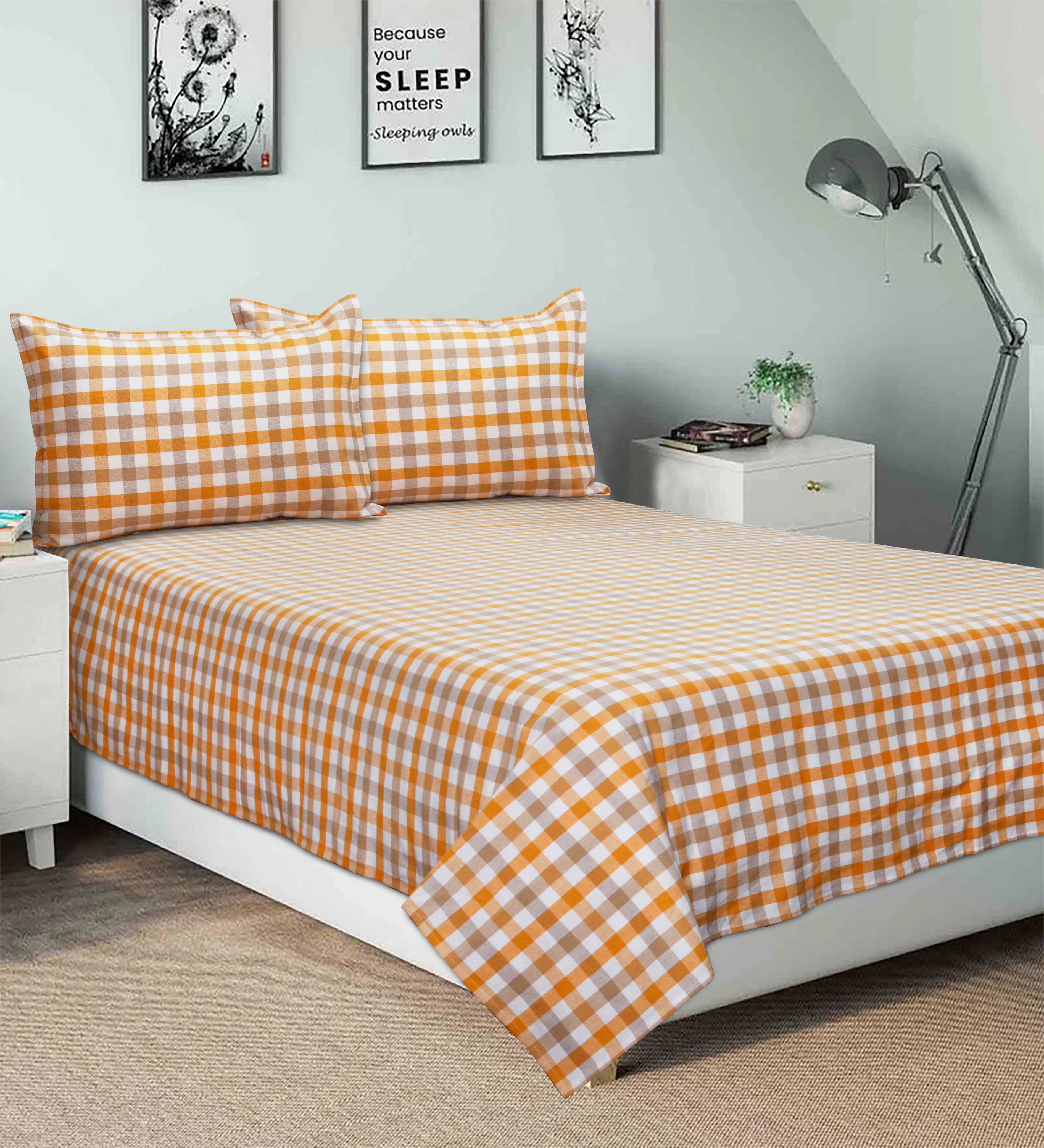Cotton Checkered Bedsheet with Pillow Covers (Yellow, Beige)