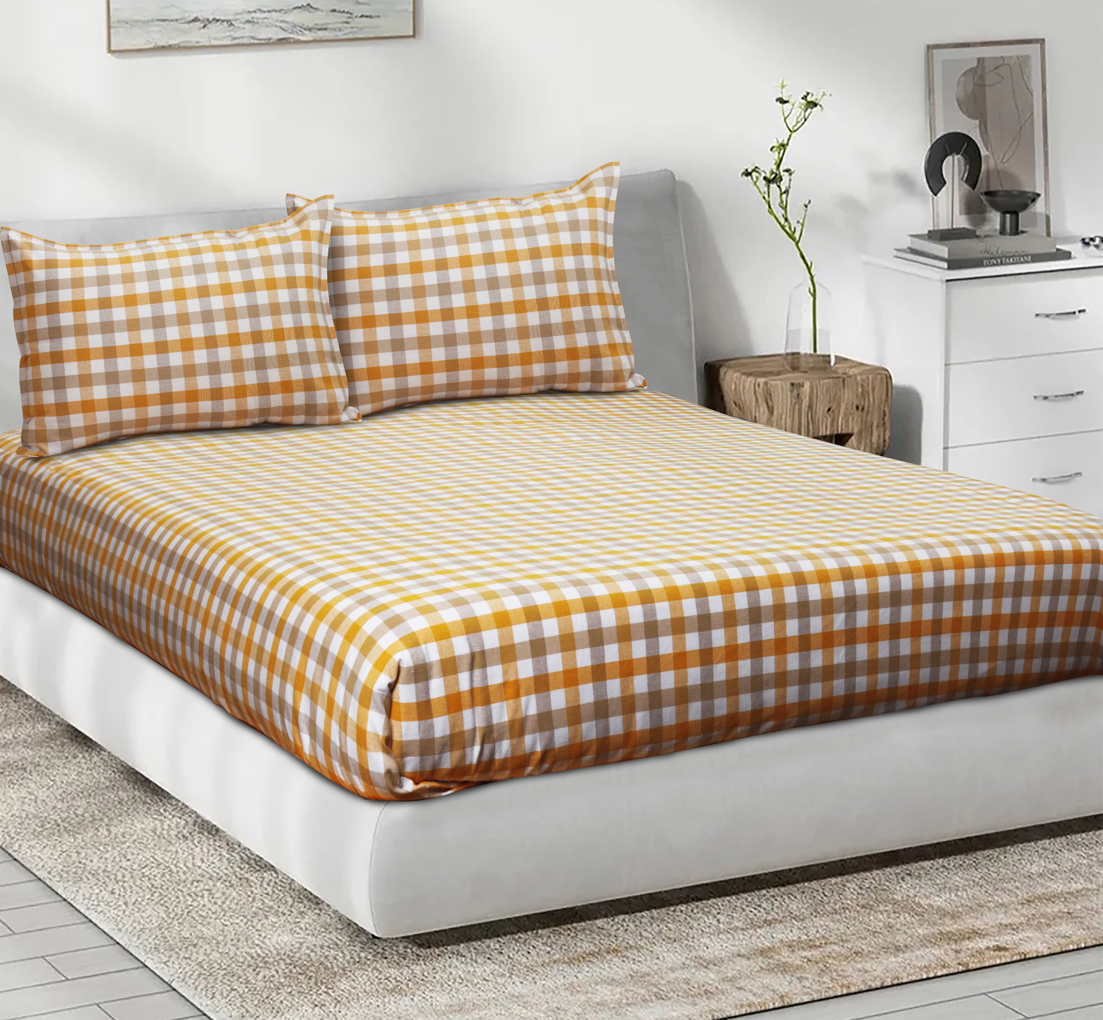 Cotton Checkered Bedsheet with Pillow Covers (Yellow, Beige)