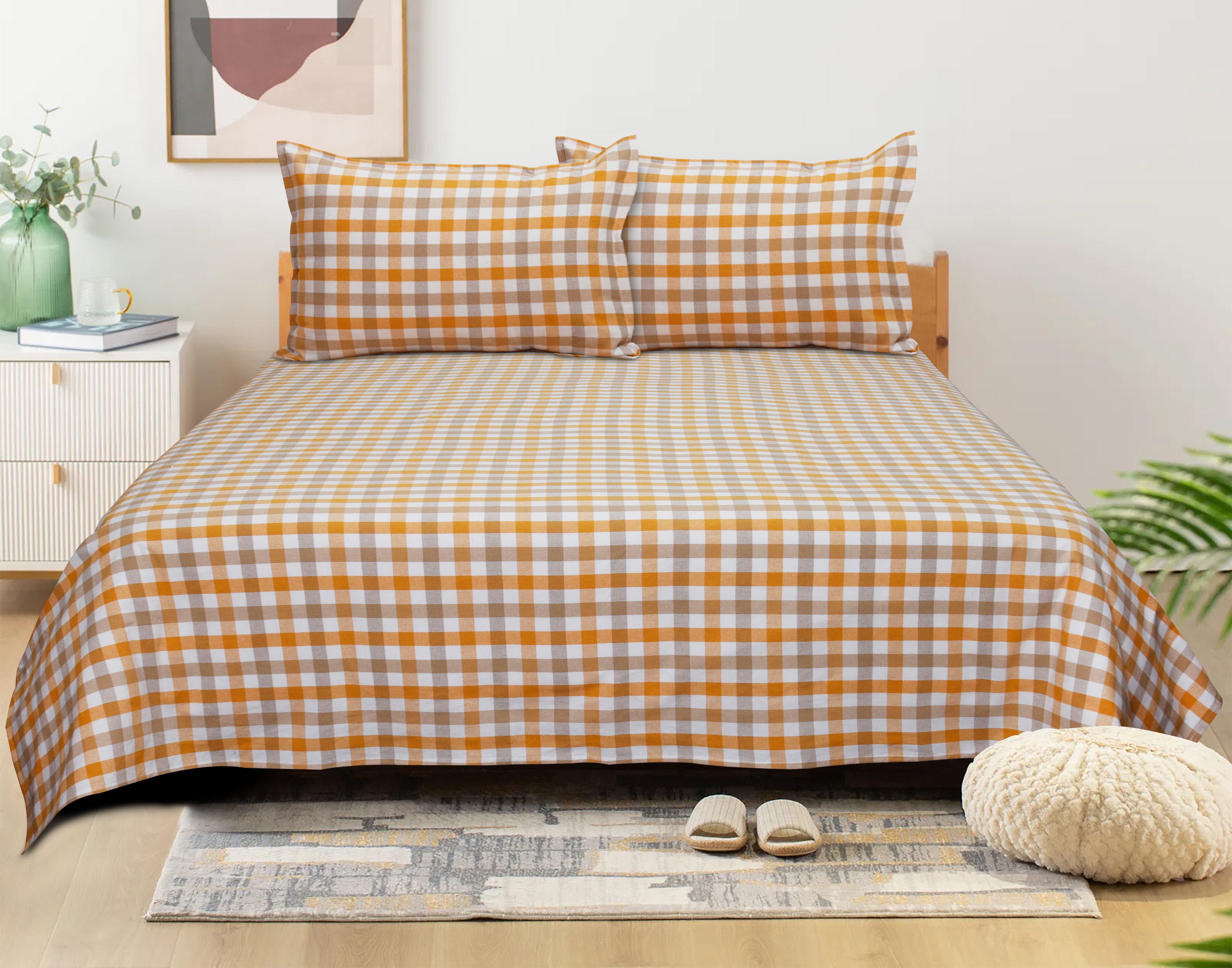 Cotton Checkered Bedsheet with Pillow Covers (Yellow, Beige)