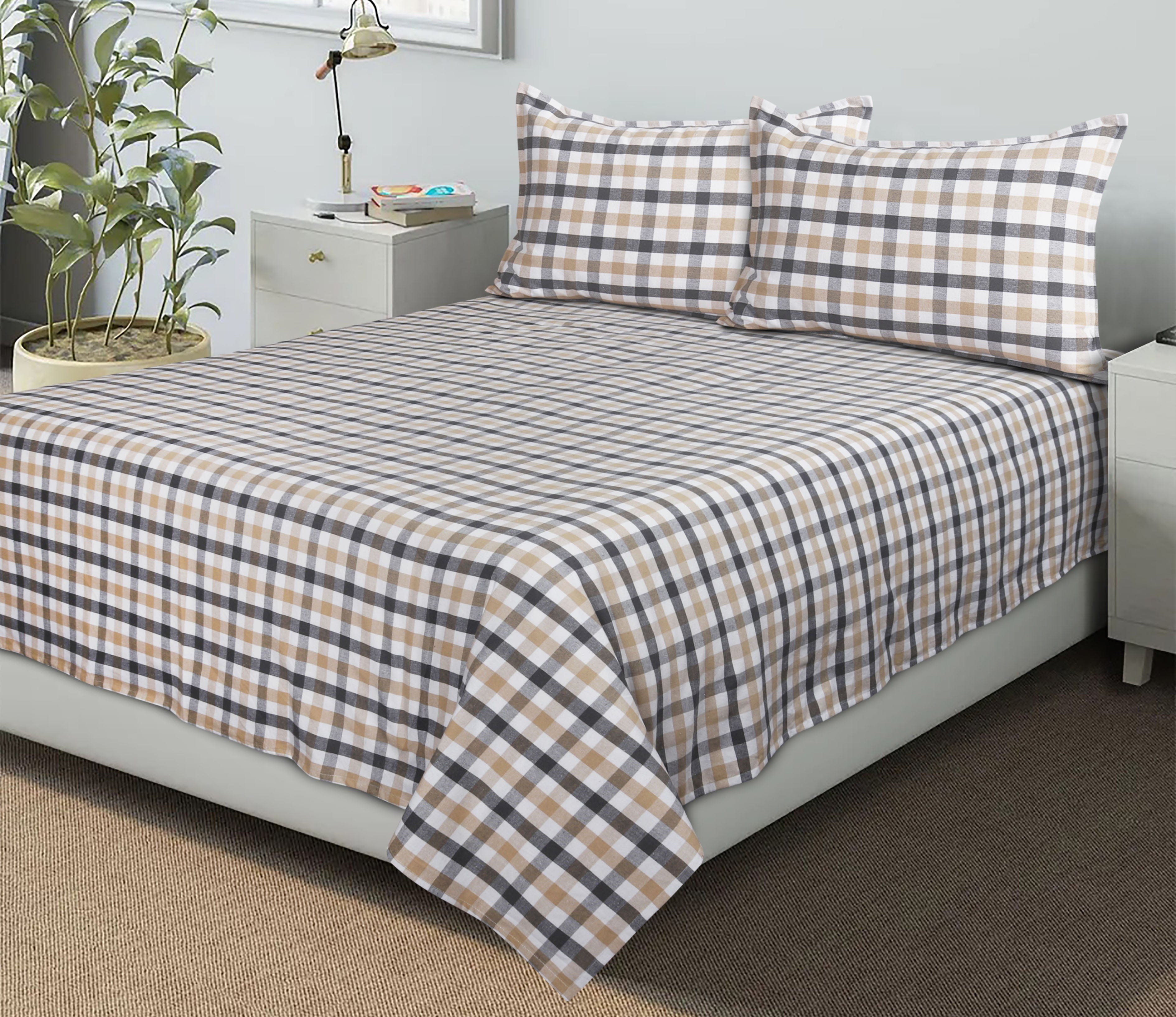 Cotton Checkered Bedsheet with Pillow Covers (Grey, Yellow)