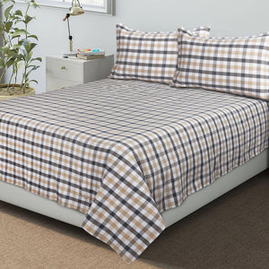 Cotton Checkered Bedsheet with Pillow Covers (Grey, Yellow)
