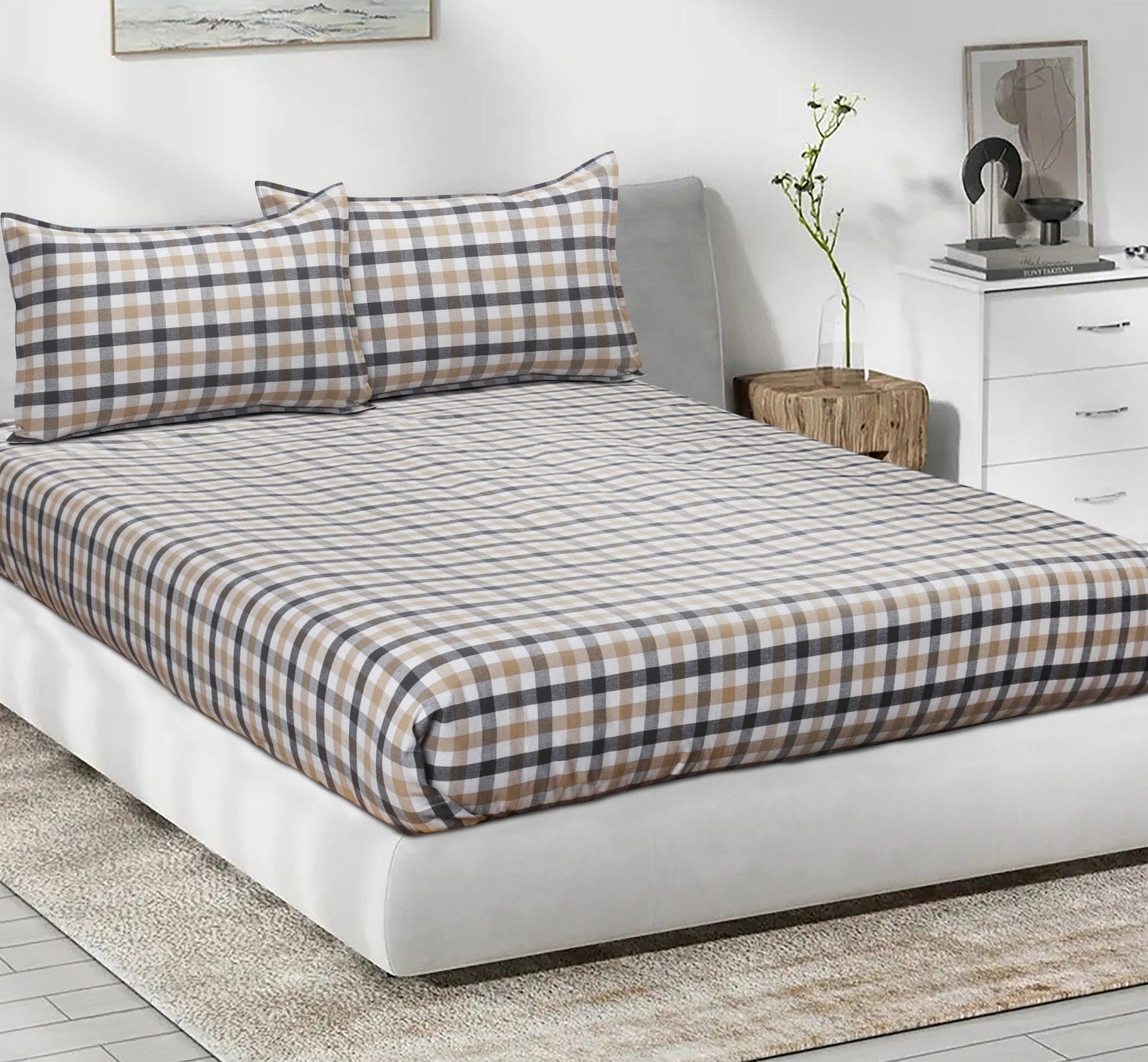 Cotton Checkered Bedsheet with Pillow Covers (Grey, Yellow)