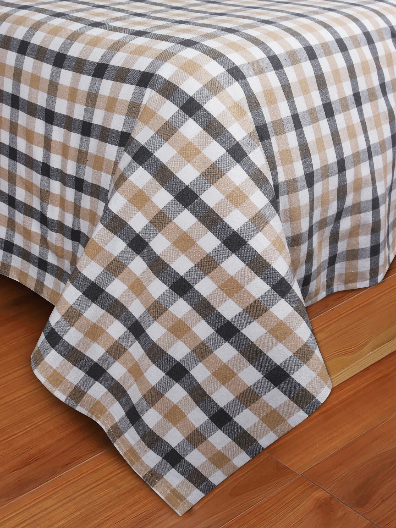 Cotton Checkered Bedsheet with Pillow Covers (Grey, Yellow)