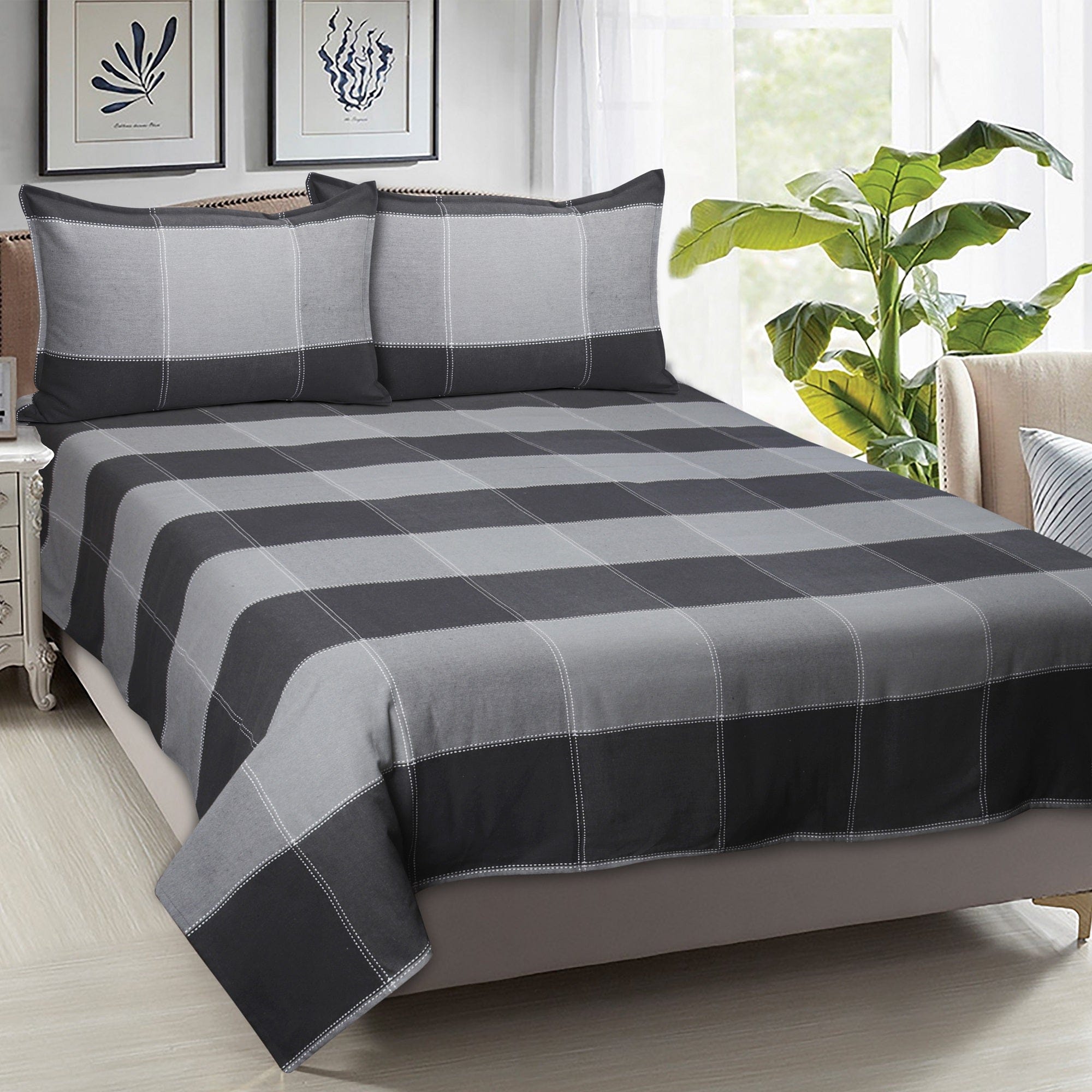 Cotton Double Checkered Bedsheet with 2 Pillow Covers (Pack of 3)