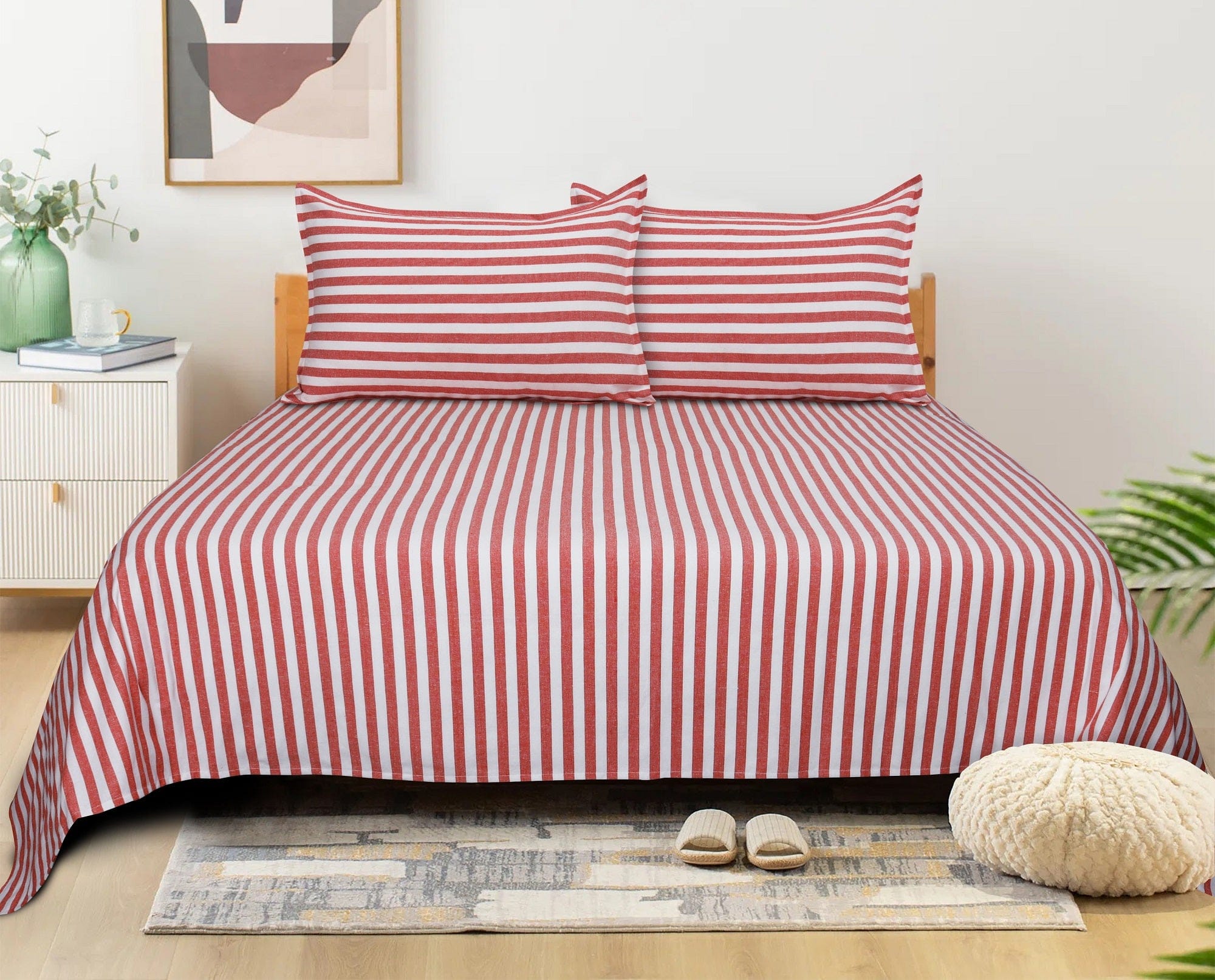 Cotton Striped Bedsheet with Pillow Covers (Red)