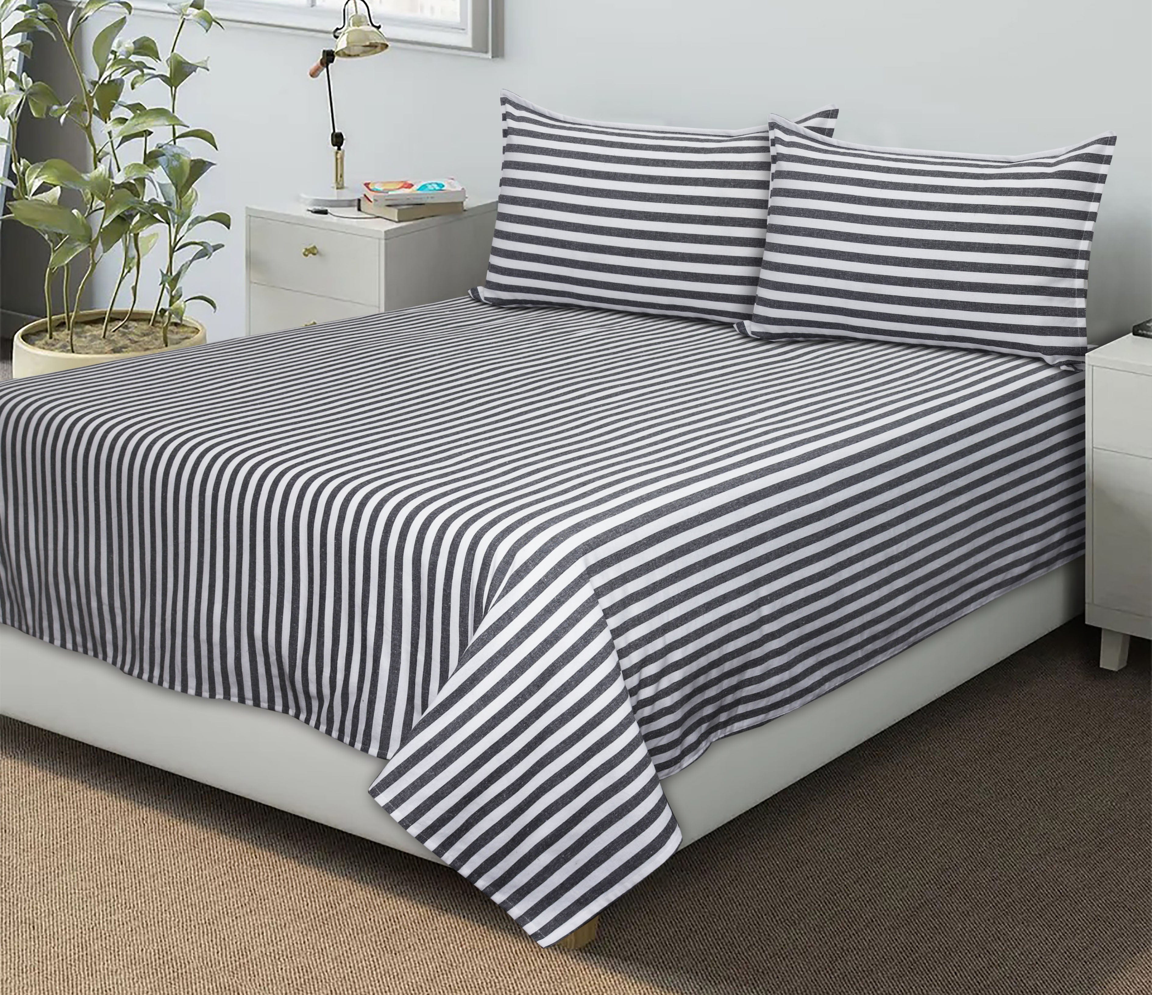 Cotton Striped Bedsheet with Pillow Covers (Black)